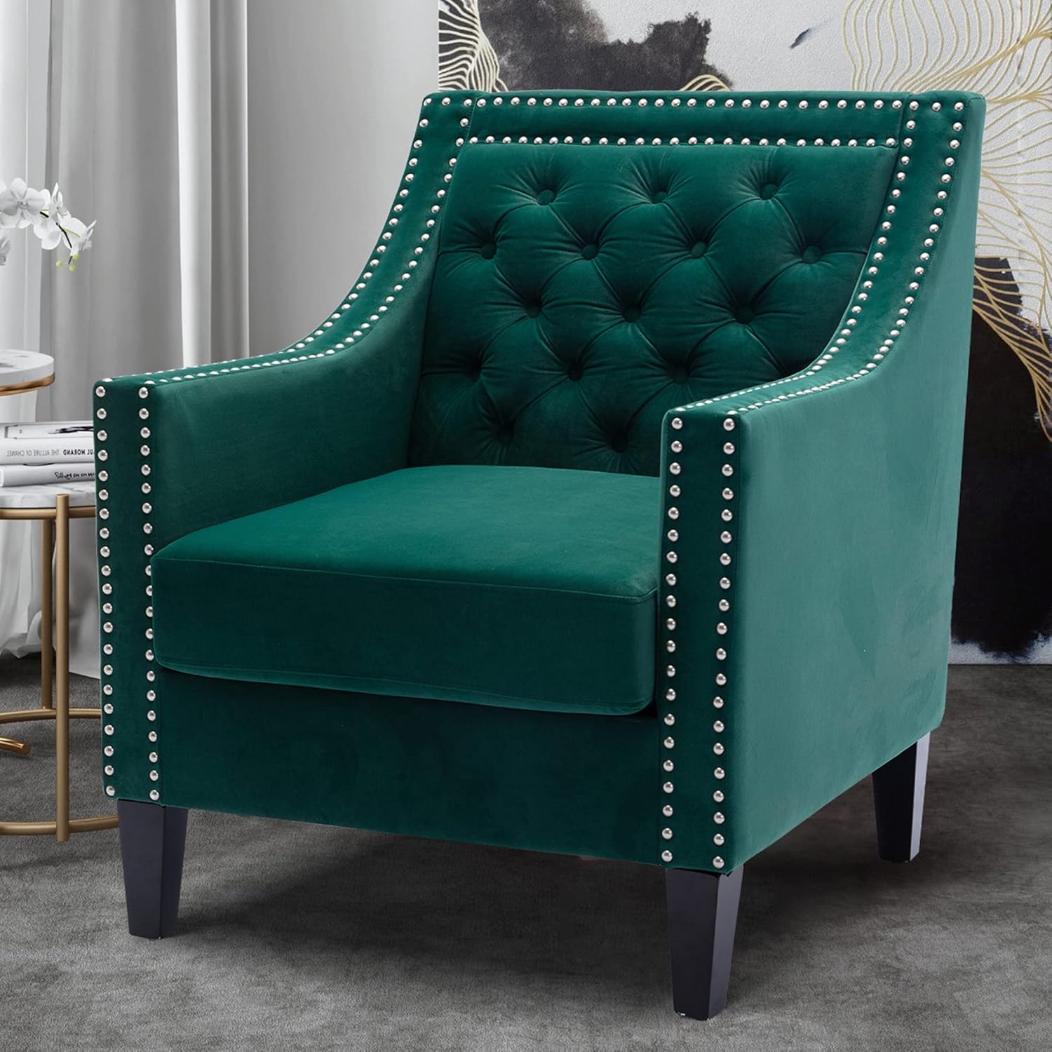 Accent Chairs – Silla decorativa de terciopelo moderna de mediados de siglo con cabezas de clavos, silla de sala de estar con patas de madera