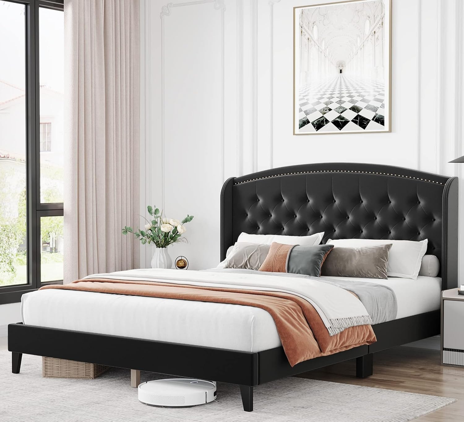 Assile Base de cama Queen con cabecera tapizada, cama de plataforma con respaldo de alas con terciopelo suave y diseño copetudo, listones de madera