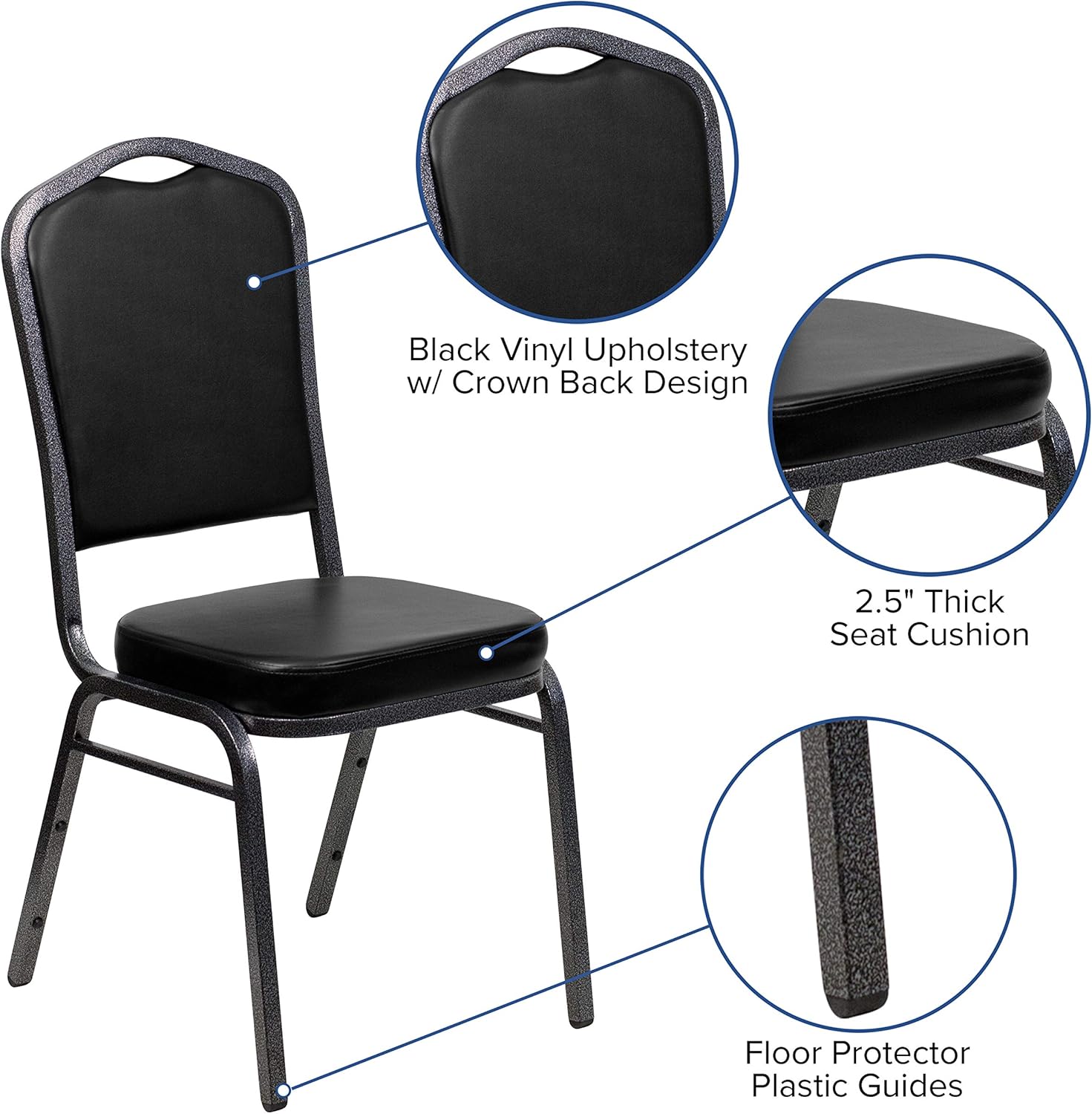 BizChair Silla apilable trasera del banquete de la corona, marco negro de la vena del vinilode plata