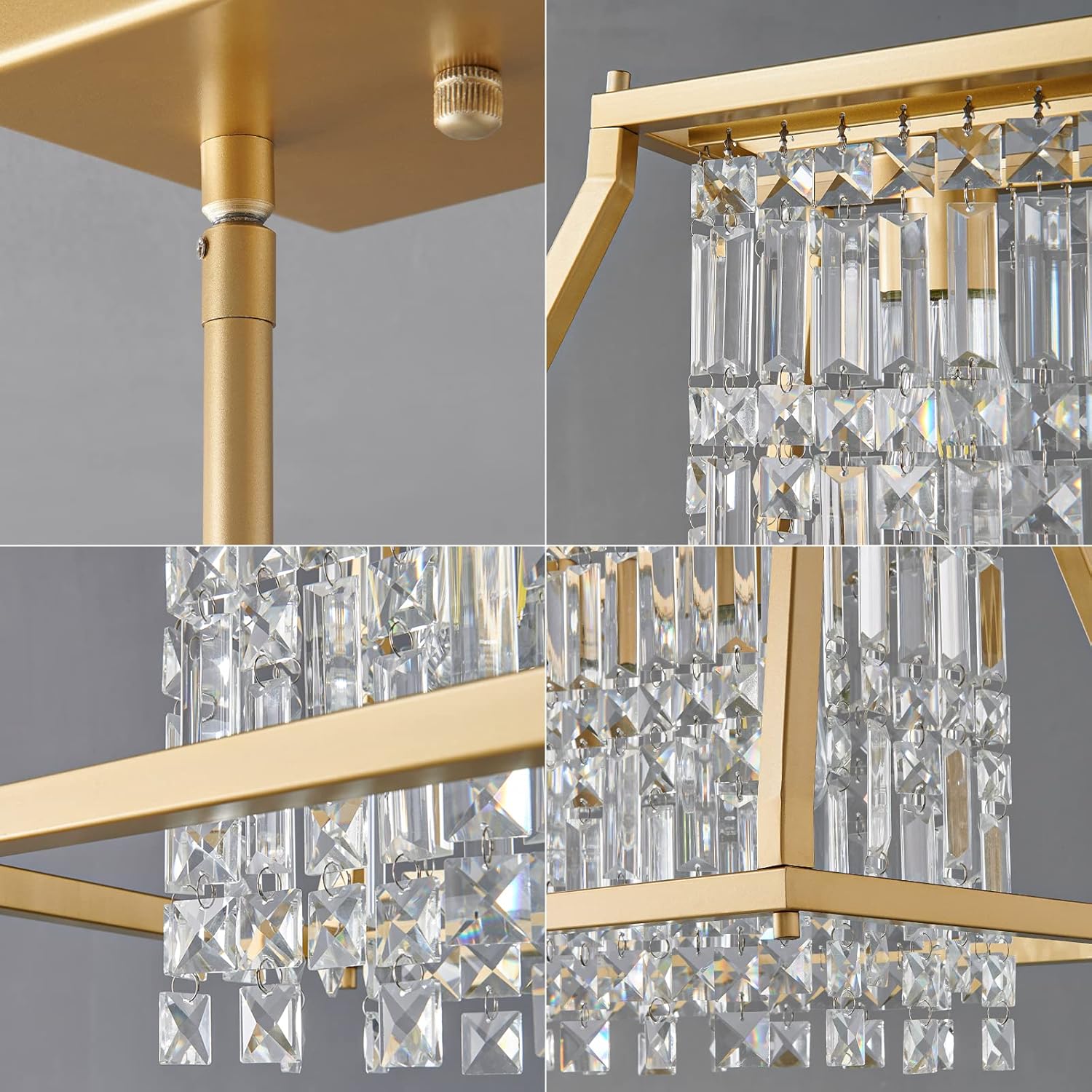 LMQNINE Lámpara colgante de cristal de metal dorado para cocina, isla de comedor, sala de estar, techo plano e inclinado (rectangular, 25.98