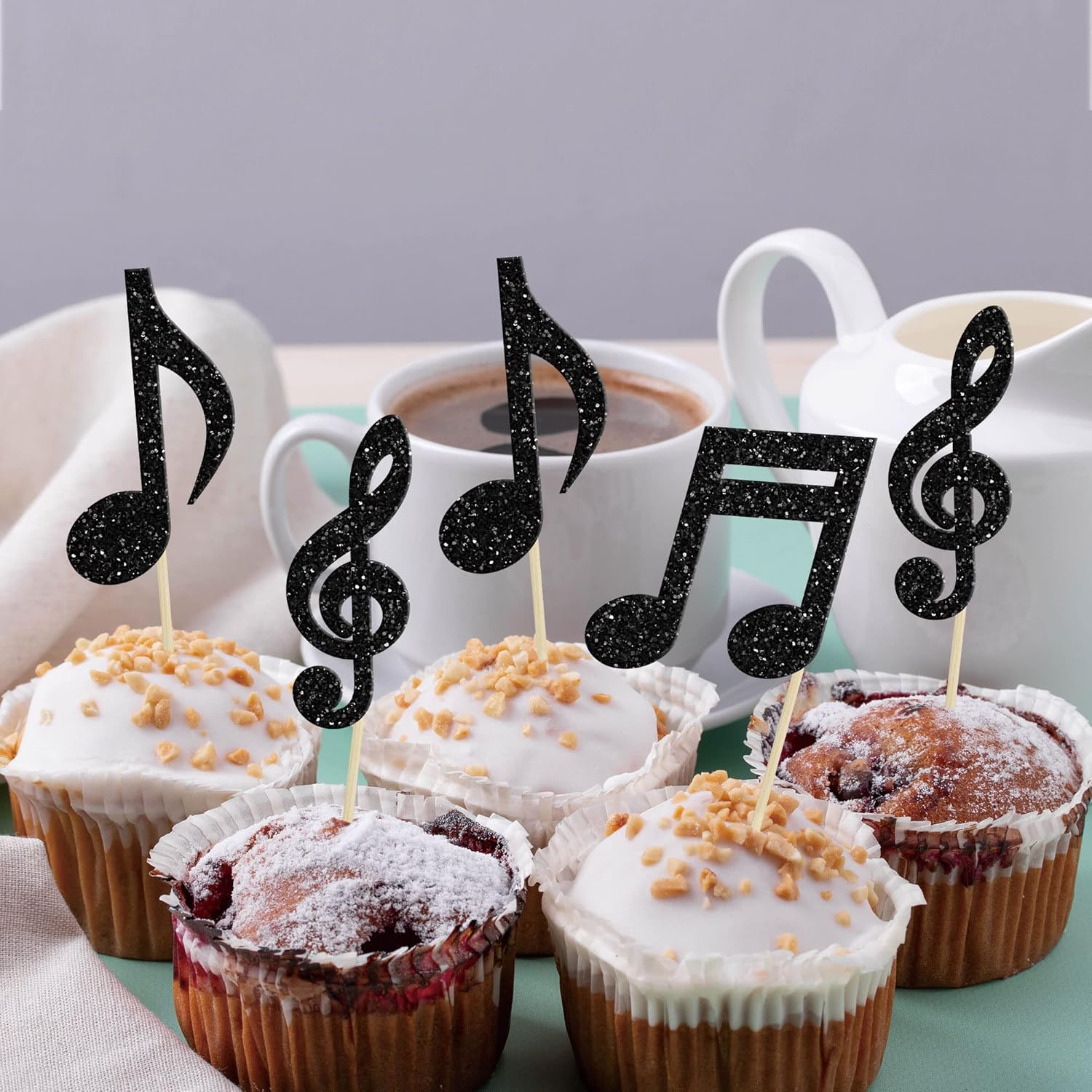 Gyufise 24 piezas de notas musicales para cupcakes, símbolos musicales con purpurina negra, para música rock, concierto, tema de baby shower, boda,