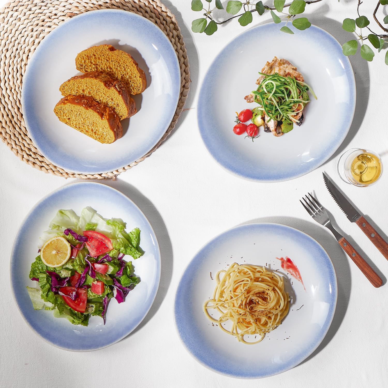ONEMORE Platos llanos de 10 pulgadas, platos de ensalada de cerámica, modernos platos ovalados curvos, juego de 4 platos grandes para aperitivos,