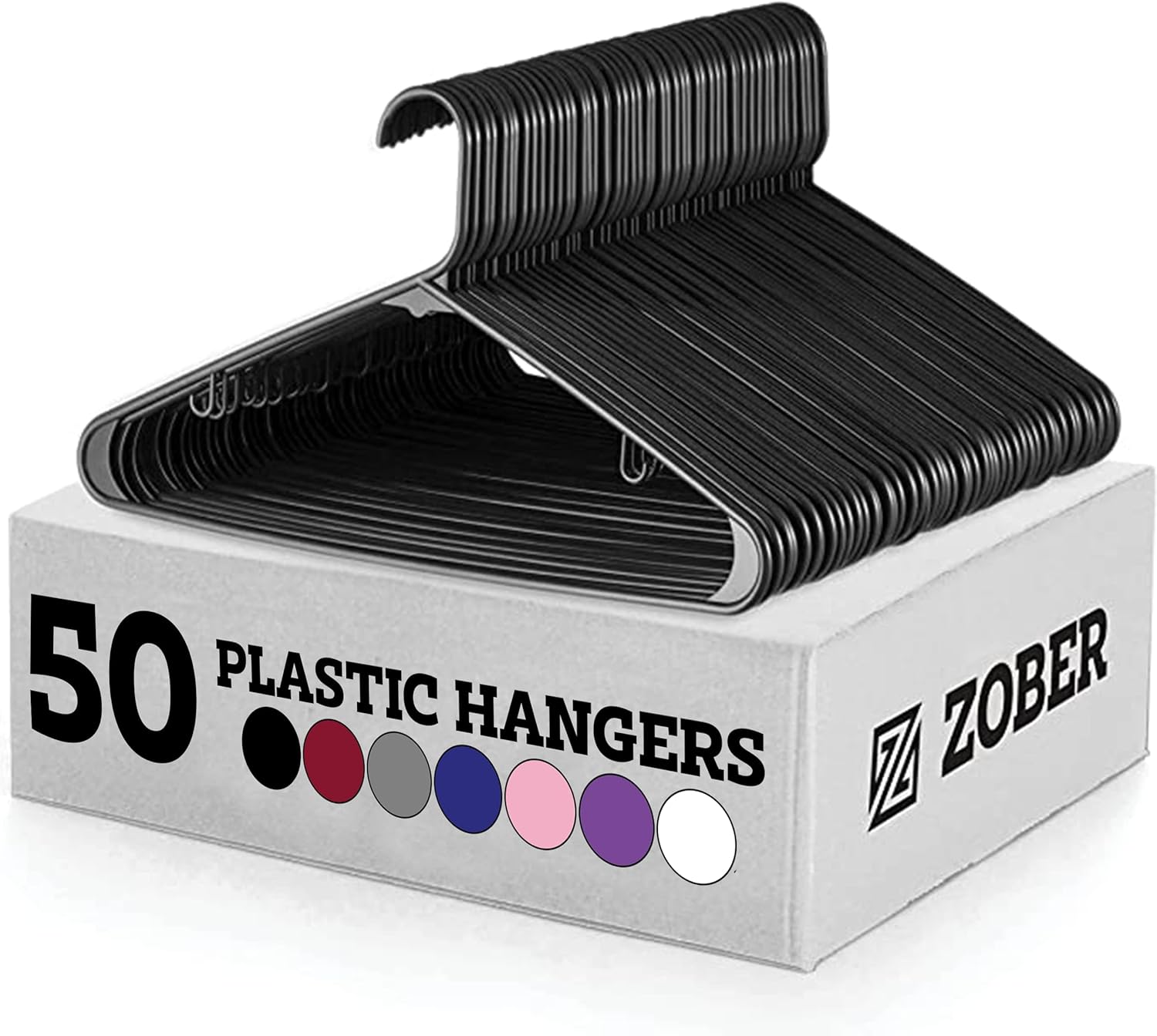 ZOBER Perchas de plástico para ropa, color negro, paquete de 50 perchas para camisas, vestidos y pantalones, perchas de plástico duraderas y