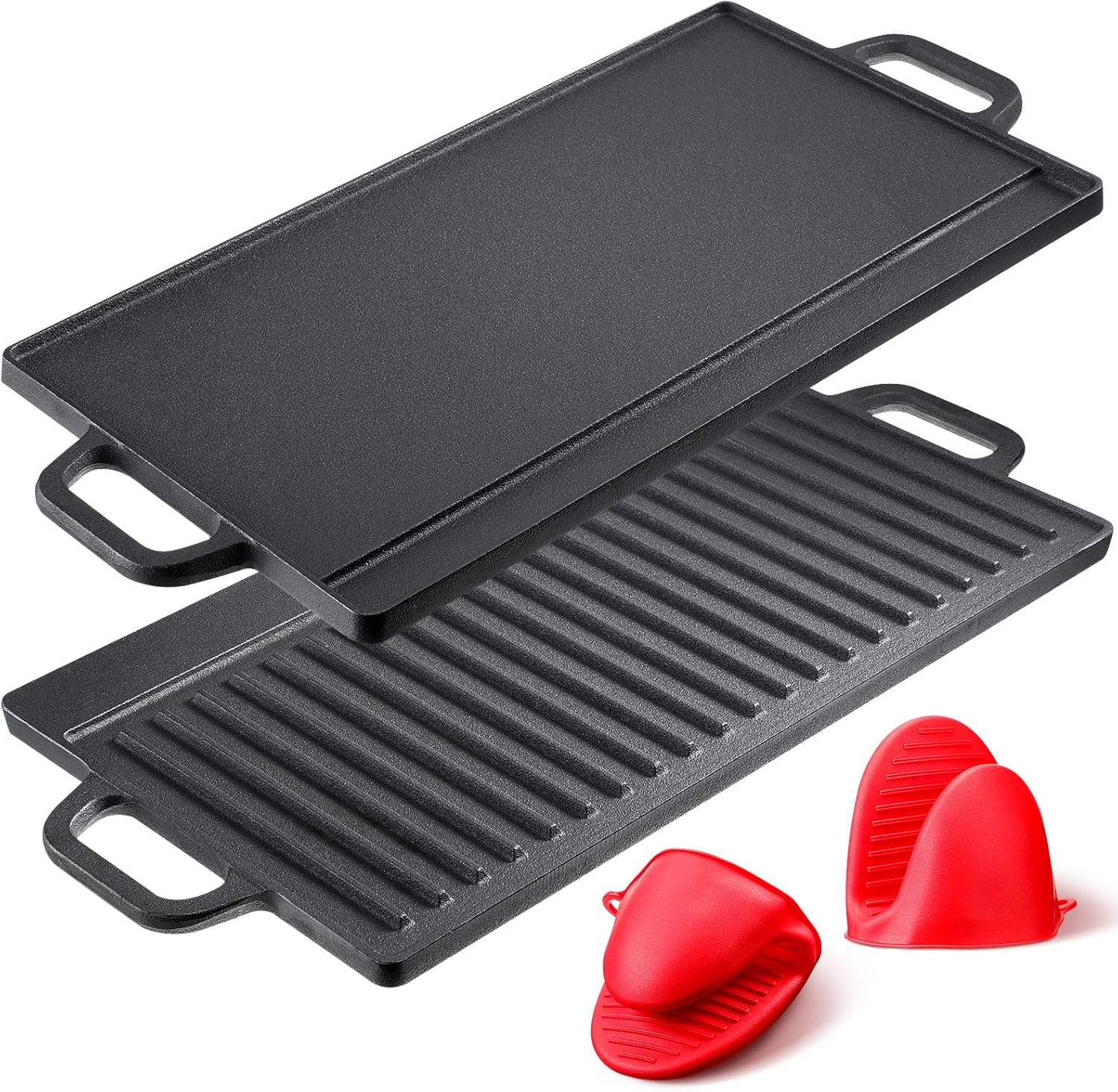 Mifoci Plancha de hierro fundido de 19.7 x 9.1 pulgadas con asas, placa de parrilla reversible 2 en 1 con guantes de protección térmica de silicona,