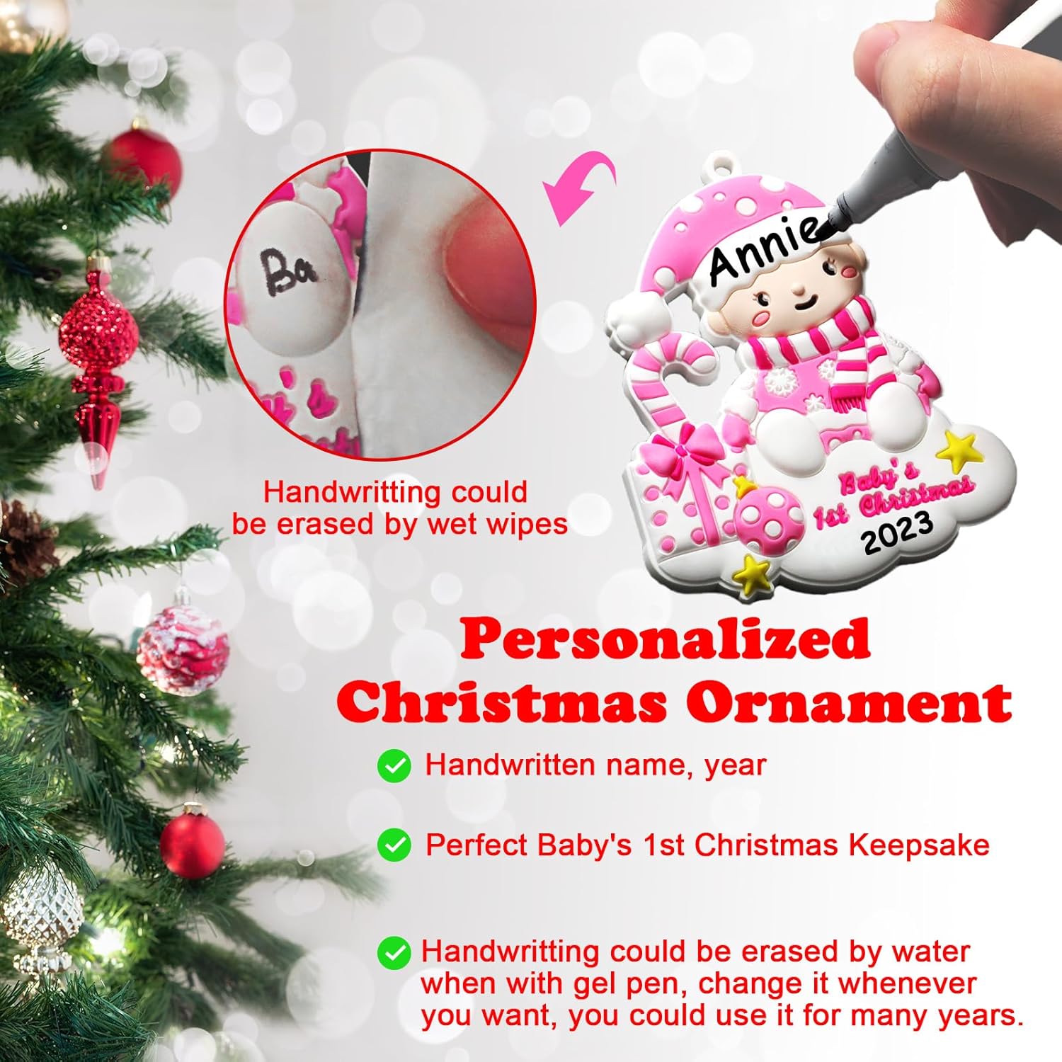 Adorno personalizado para bebé, primera Navidad, decoración para árbol de Navidad, primer recuerdo escrito a mano para recién nacido, personalizable