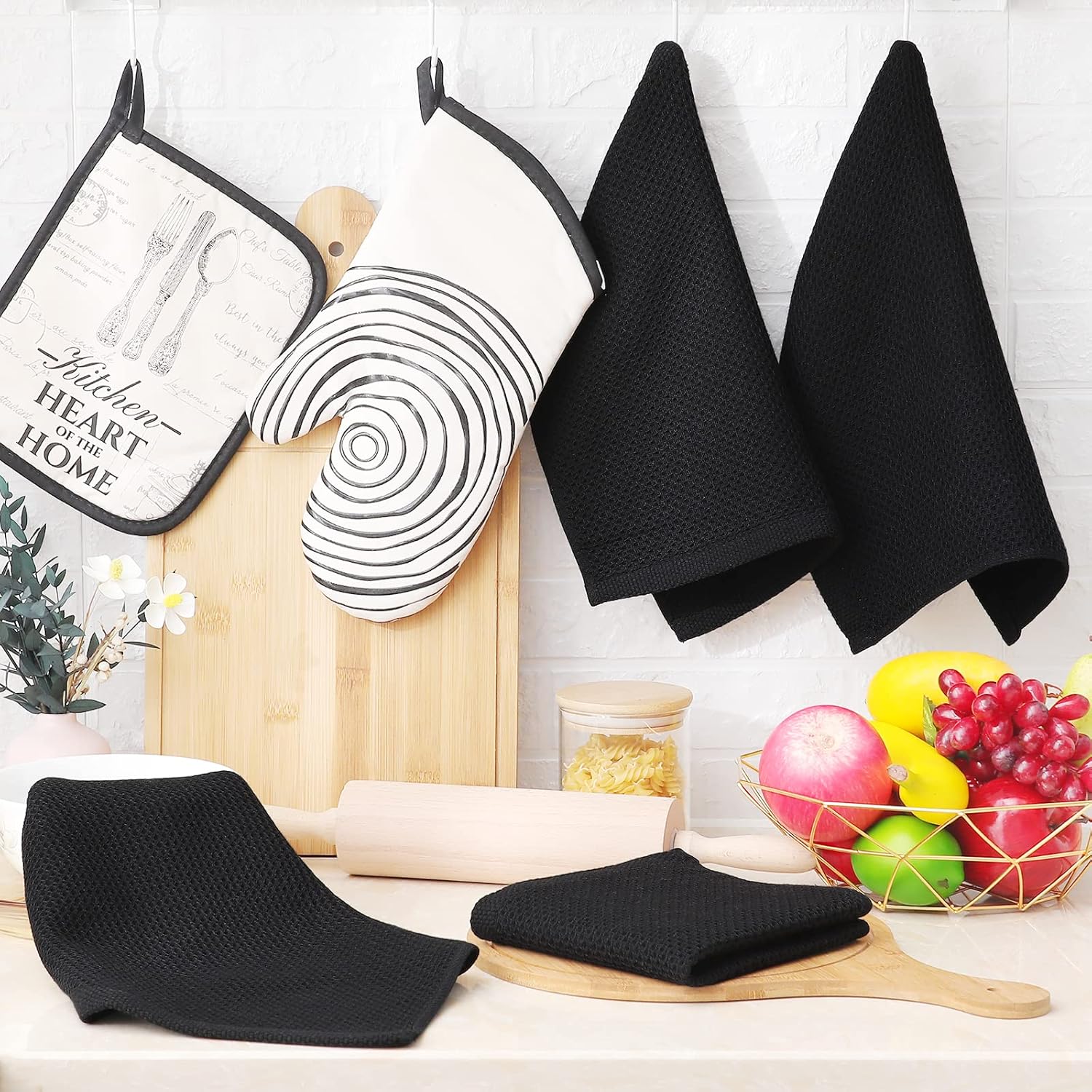Homaxy Paños de cocina de 100% algodón con tejido de gofre, ultra suaves, absorbentes, de secado rápido, 12 x 12 pulgadas, paquete de 12, color negro