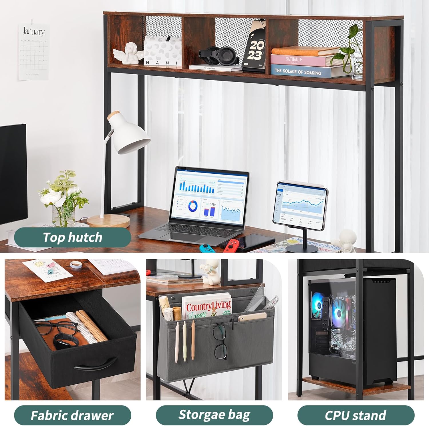 Yoobure Escritorio en forma de L con tira LED y toma de corriente, escritorio reversible en forma de L, escritorio esquinero, escritorio de oficina
