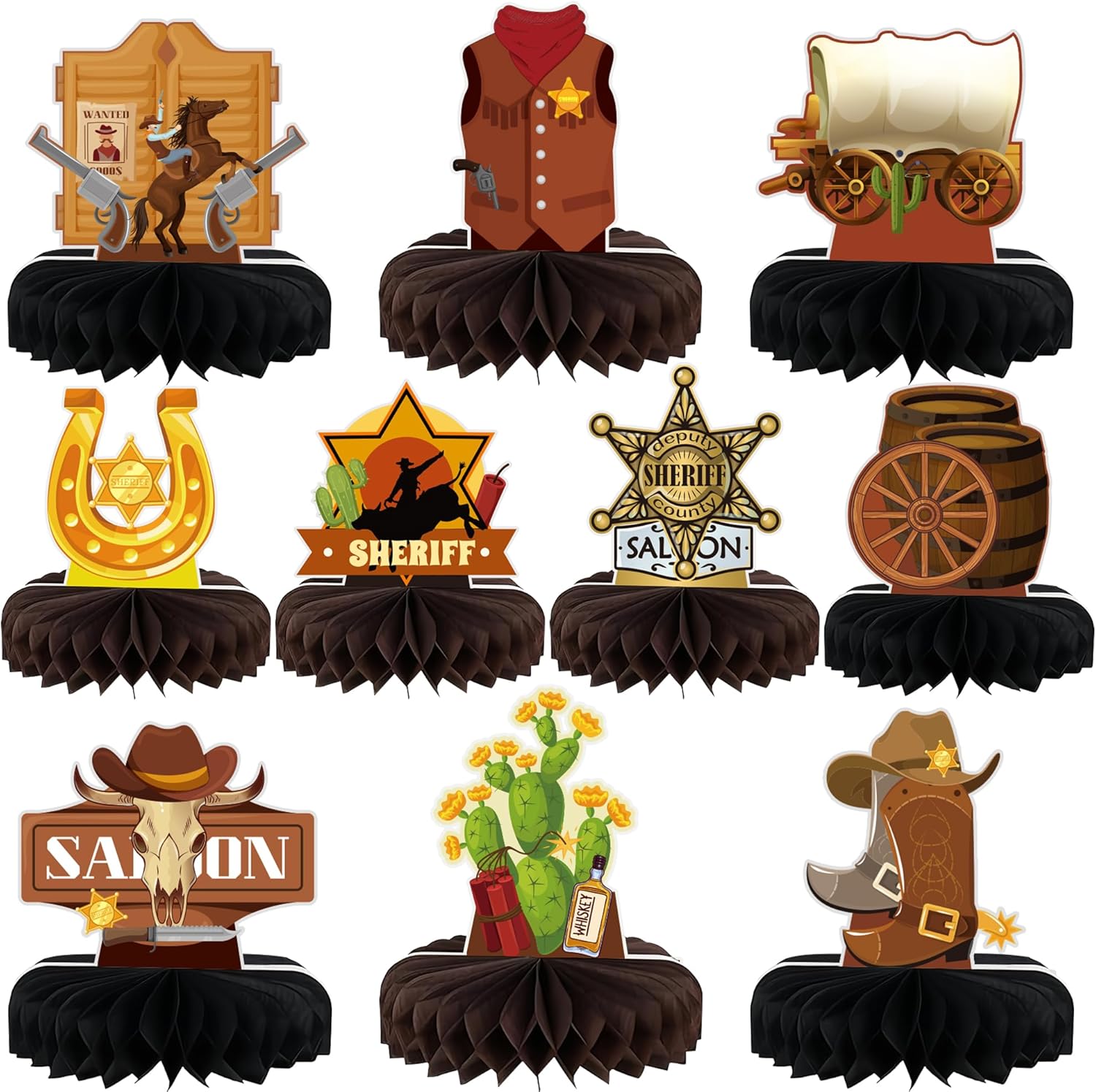 Yoqipati 10 Pieces Western Cowboy Honeycomb Centerpieces Wild West Party Decoration 3D Table Toppers Double Sided Stand Cards for Western Theme
