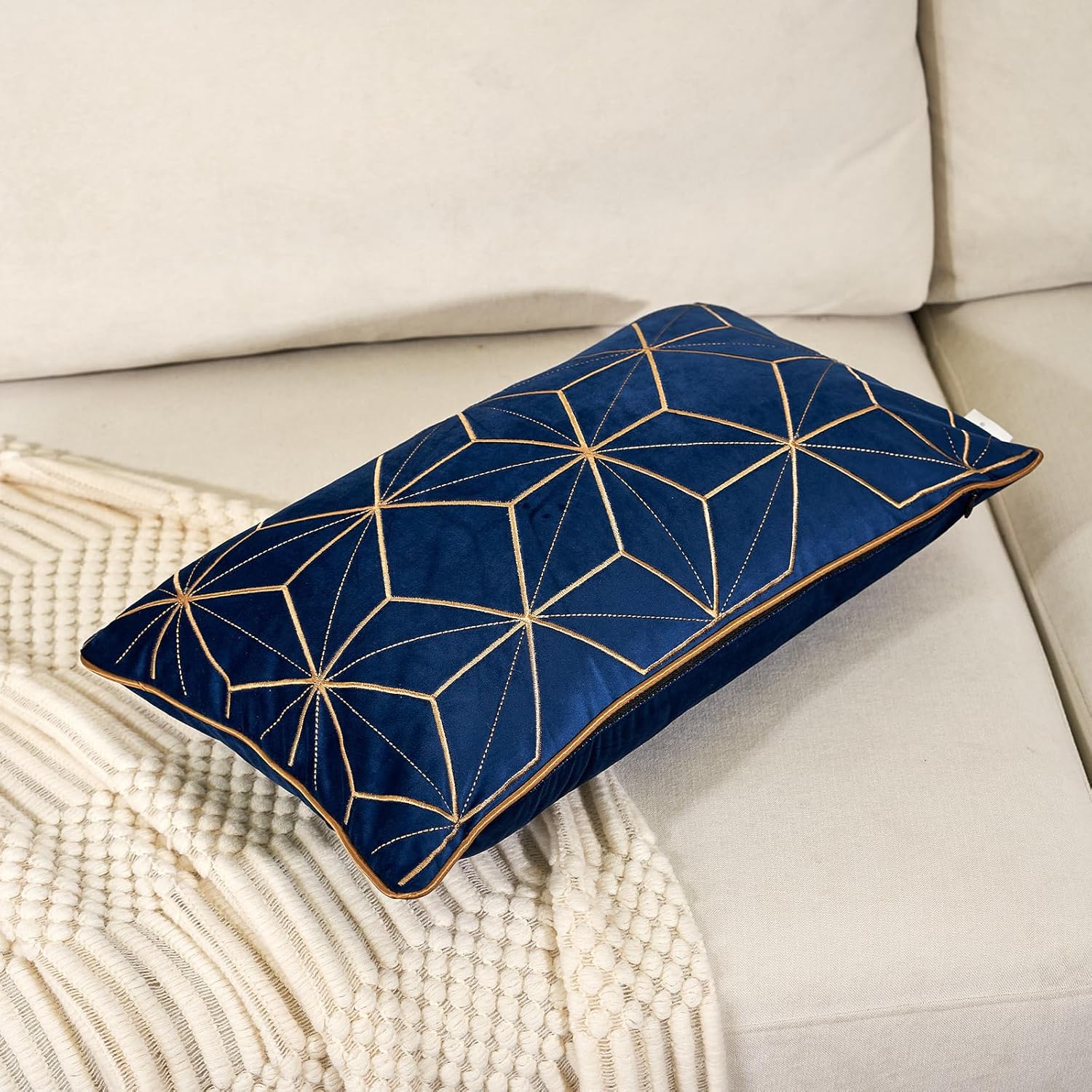 Aeckself Funda de cojín de terciopelo bordada de terciopelo de 12 x 20 pulgadas, color azul marino y dorado, funda de cojín rectangular moderna de