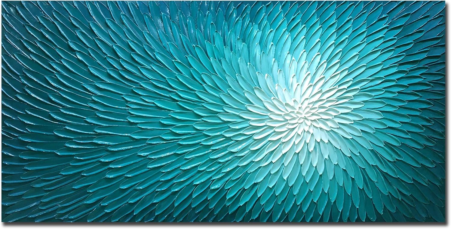 AMEI Arte, 24 x 48 pulgadas, pintado a mano, abstracto, verde azulado, azul, pinturas al óleo texturizadas, ilustraciones florales, lienzos