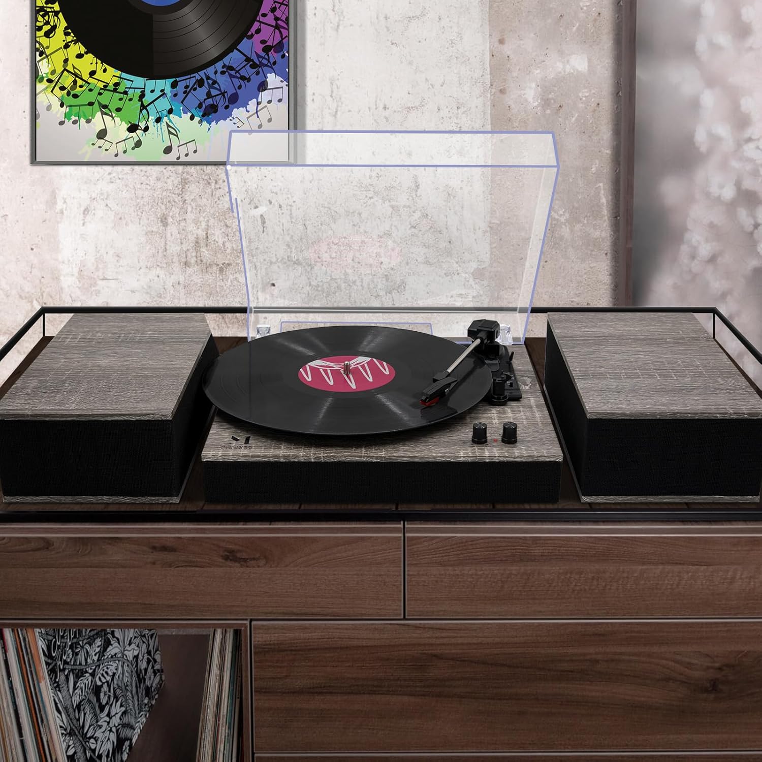 MPK – Tocadiscos Bluetooth, sistema de alta fidelidad con altavoces de estantería, tocadiscos de vinilo de 3 velocidades con transmisión por correa