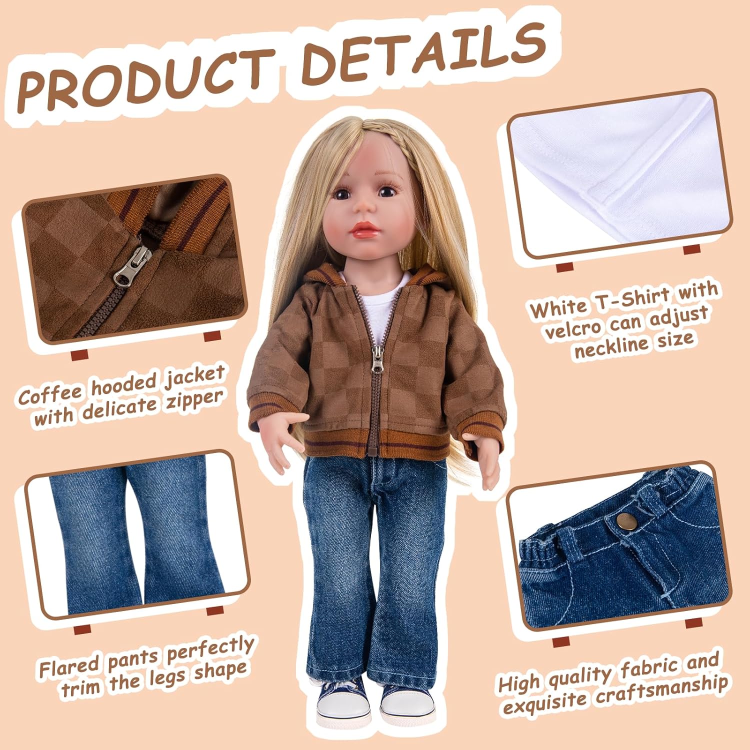 Conjunto de ropa de muñeca de 3 piezas Conjunto de ropa Mocha Coat Blue Jeans & White T-Shirt Baby Doll Ropa Traje (sin muñeca y zapatos) 030