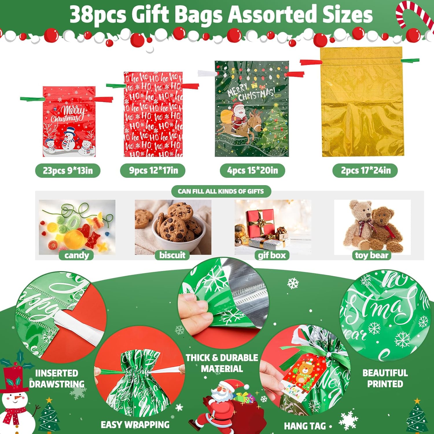 Regalo de envoltura de 10 segundos  38 bolsas de regalo de Navidad con cordón de varios tamaños pequeños, medianos y grandes, bolsas de regalo de