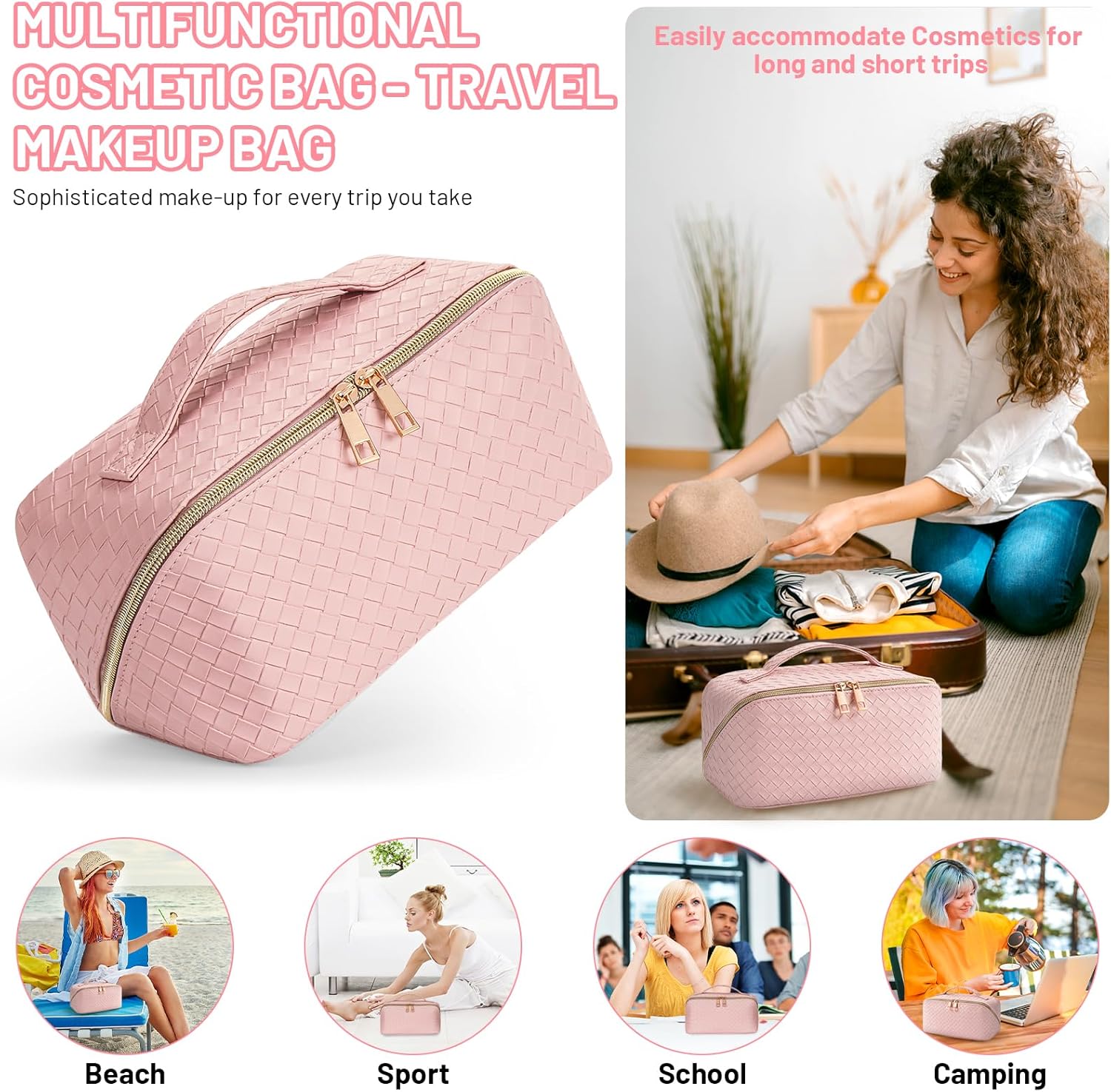 VVABELLI Bolsa de maquillaje  Bolsa de cosméticos de viaje de gran capacidad, portátil de cuero impermeable, bolsa de maquillaje de viaje para