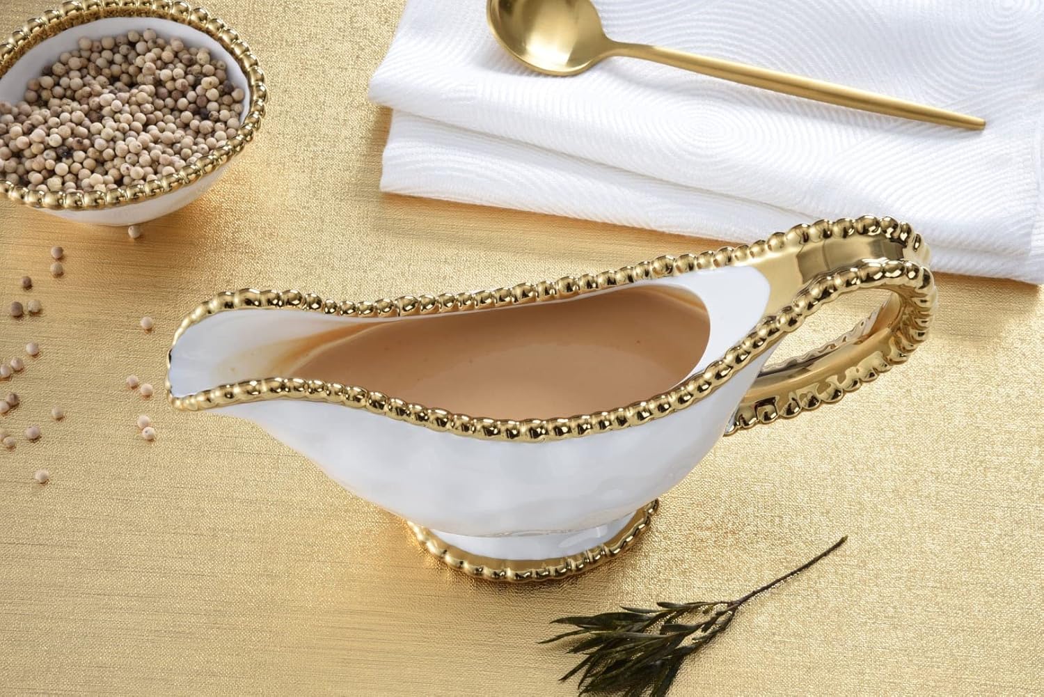 Pampa Bay Salerno Salerno – Salsa de porcelana con borde de cuentas de titanio, blancodorado