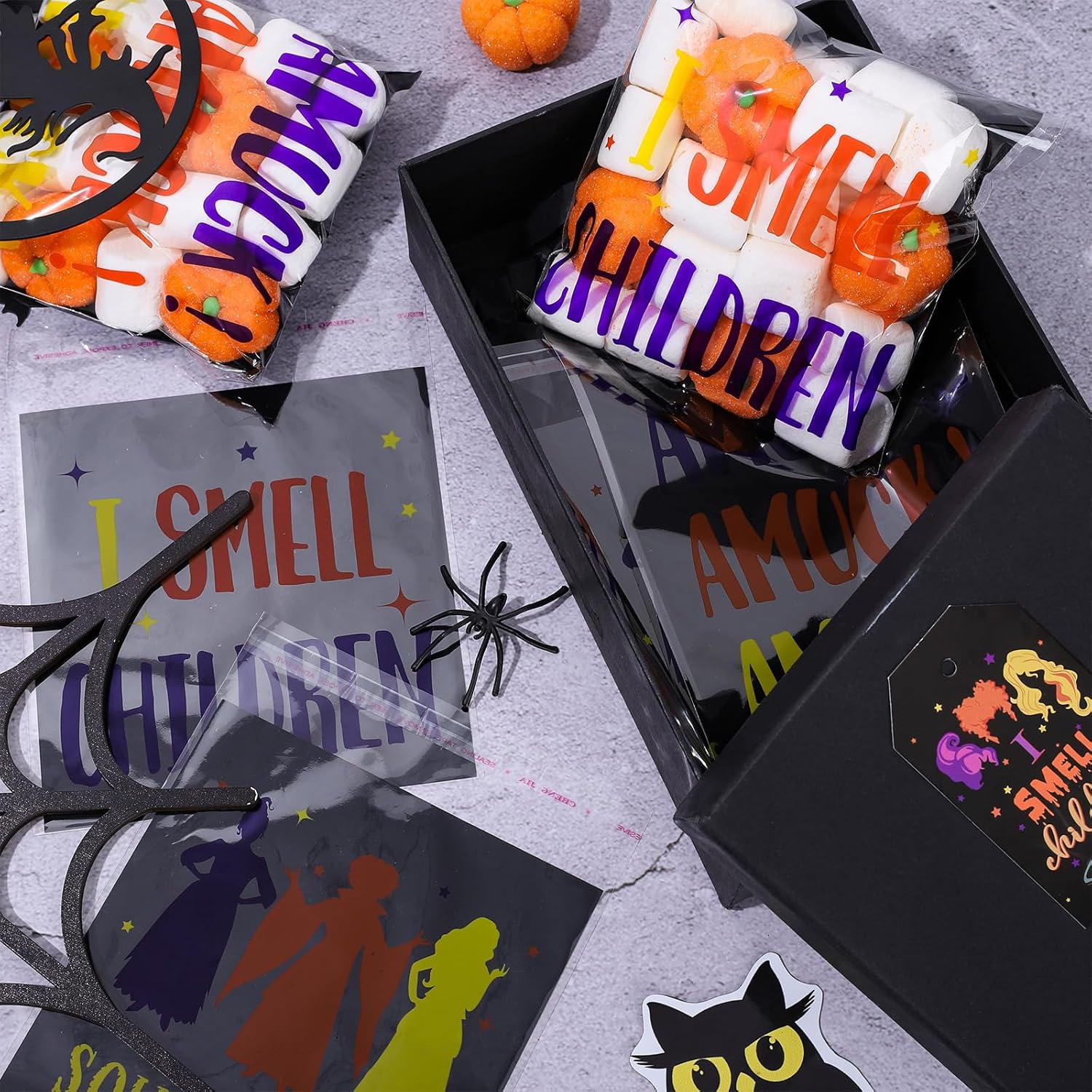 Whaline 240 bolsas de celofán para Halloween, autoadhesivas, bolsas de regalo de bruja Hocus Pocus, bolsas de regalo de brujas de celofán, bolsas de