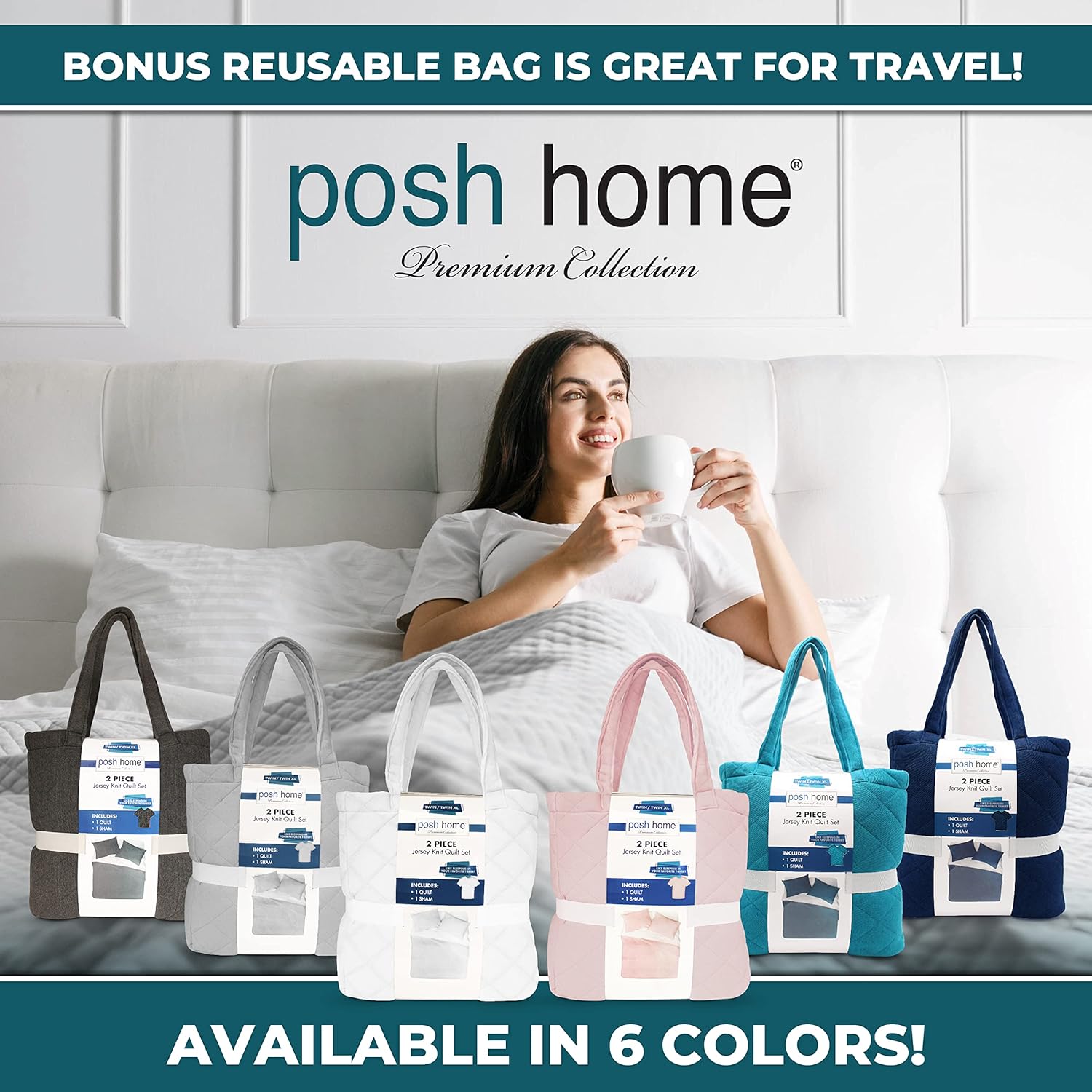 Posh Home Juego de edredón de tamaño individual, manta de mezcla de algodón de punto jersey, colcha azul marino, colcha ligera, ropa de cama de