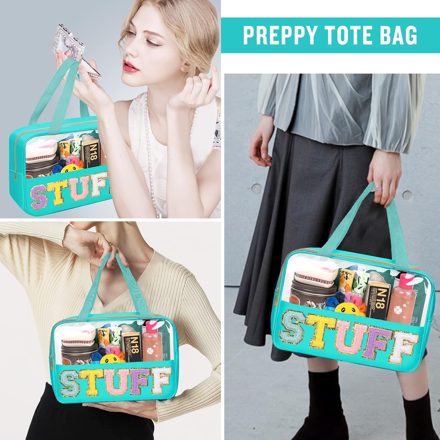 izuzta Bolsas de maquillaje transparentes con letras de chenilla, bolsa de maquillaje preppy con asa, COSA-Verde, Moda
