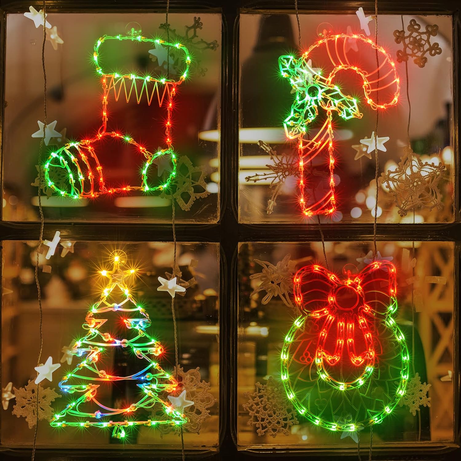 Paquete de 4 luces de bastón de caramelo iluminado, corona, medias, árbol de Navidad, silueta de ventana, decoración de ventana para Navidad,