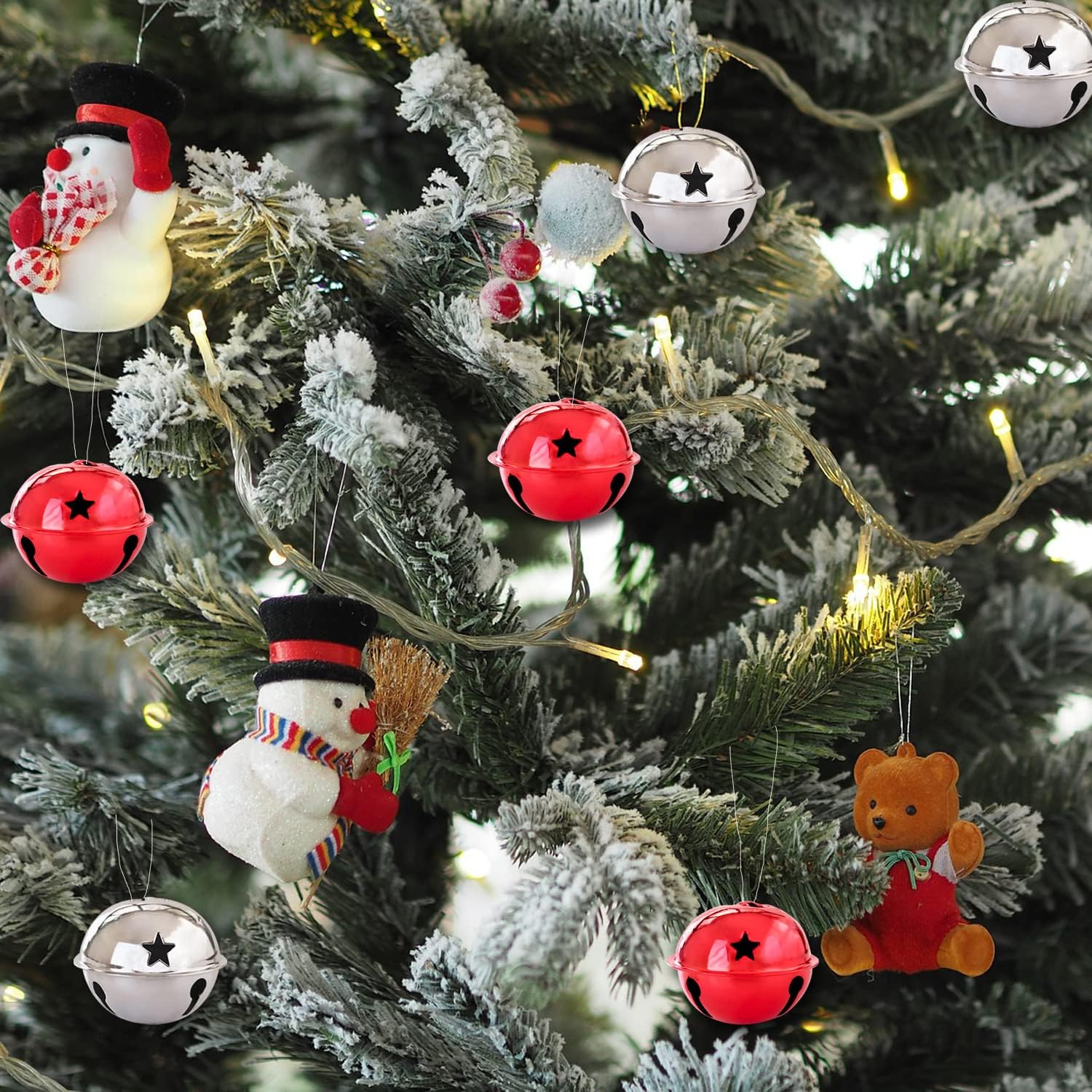 16 campanas de cascabel, campanas de estrella de Navidad, campanas artesanales para fiesta de Navidad de 1.57 pulgadas (rojo y plateado)