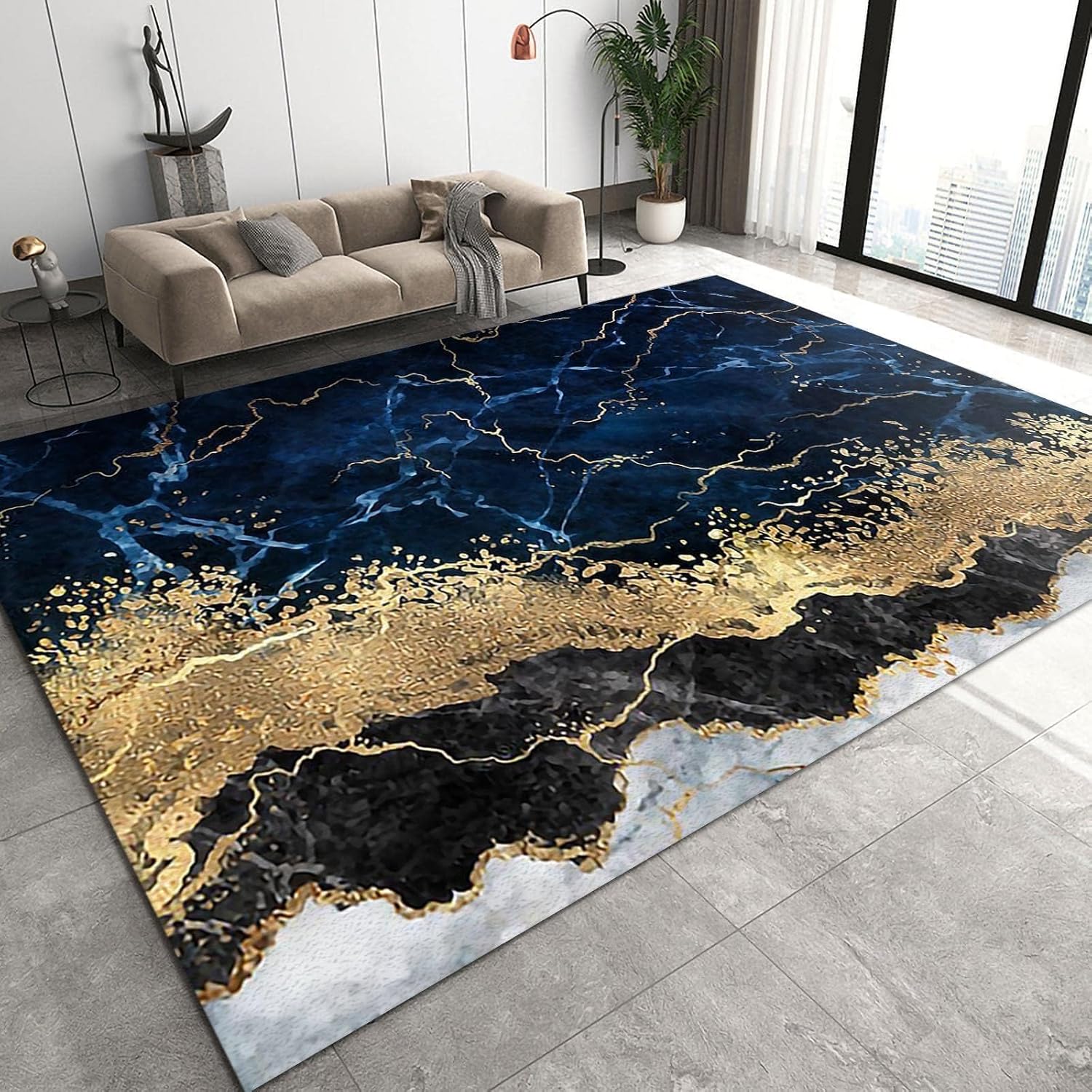 Alfombras de 3 x 5 pies, alfombra de mármol azul dorado para dormitorio, textura de arte abstracto, alfombra grande para sala de estar, suave y