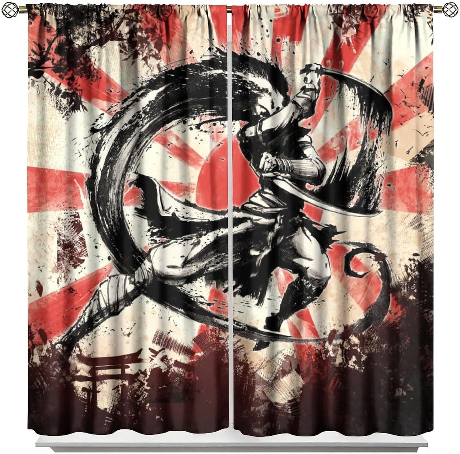 Cortinas japonesas de anime con pintura de tinta, Samurái, decoración de habitación, cortinas de ventana rojas, negras y blancas, cortinas para