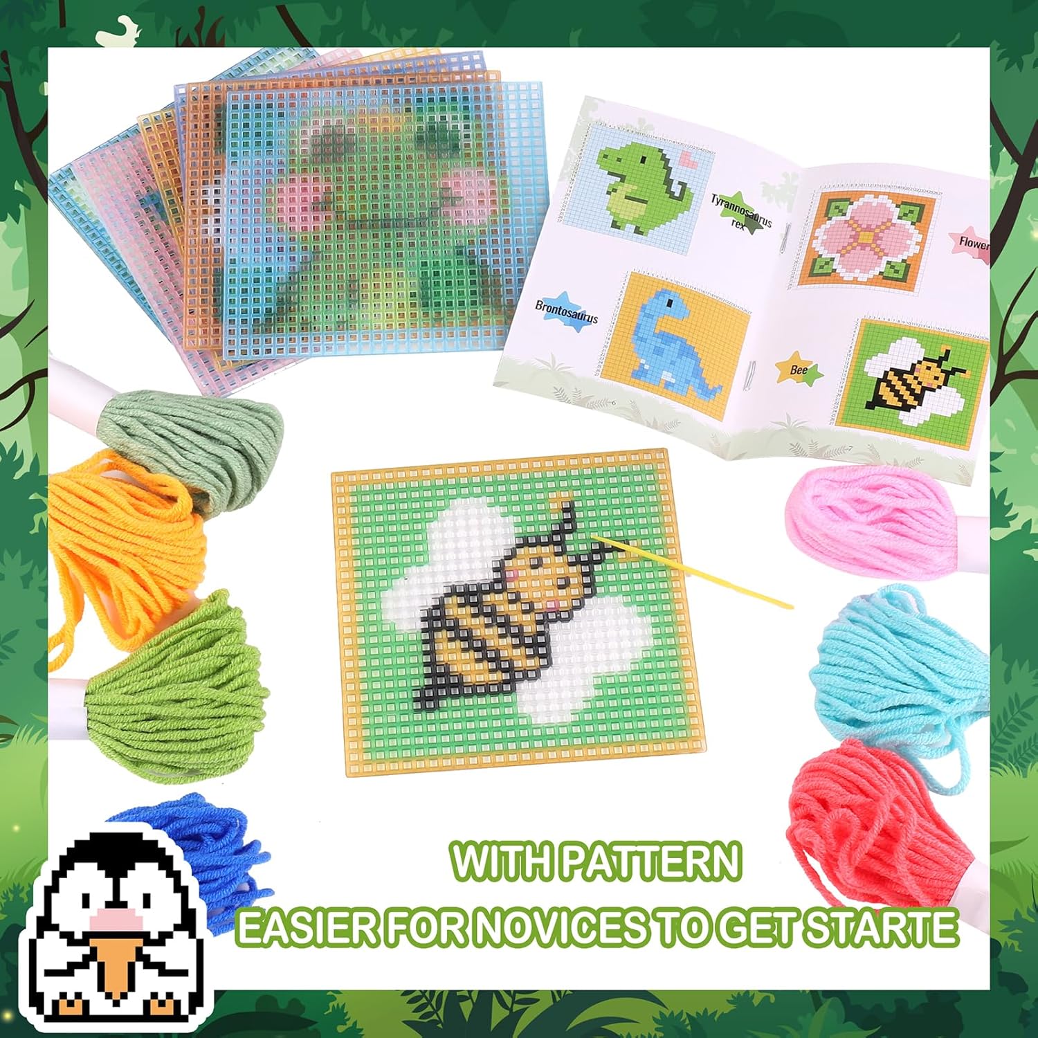 Pllieay Kit para principiantes de punto de cruz 10 en 1 para niños, kit de bordado incluye 10 piezas de lona de malla de plástico con patrón, 15