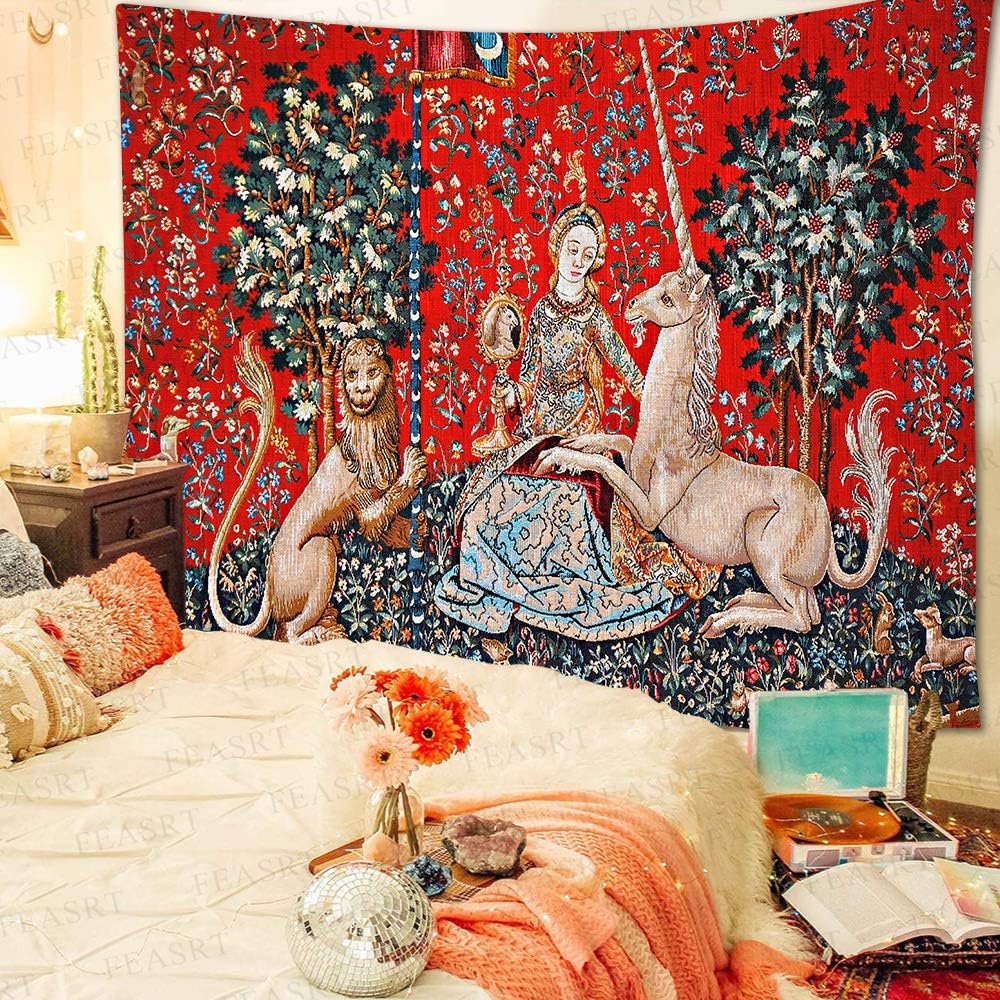 FEASRT Tapiz medieval de princesa europeo, tapiz real de La doncella y el unicornio, 80 x 60 pulgadas, para dormitorio, sala de estar, dormitorio,