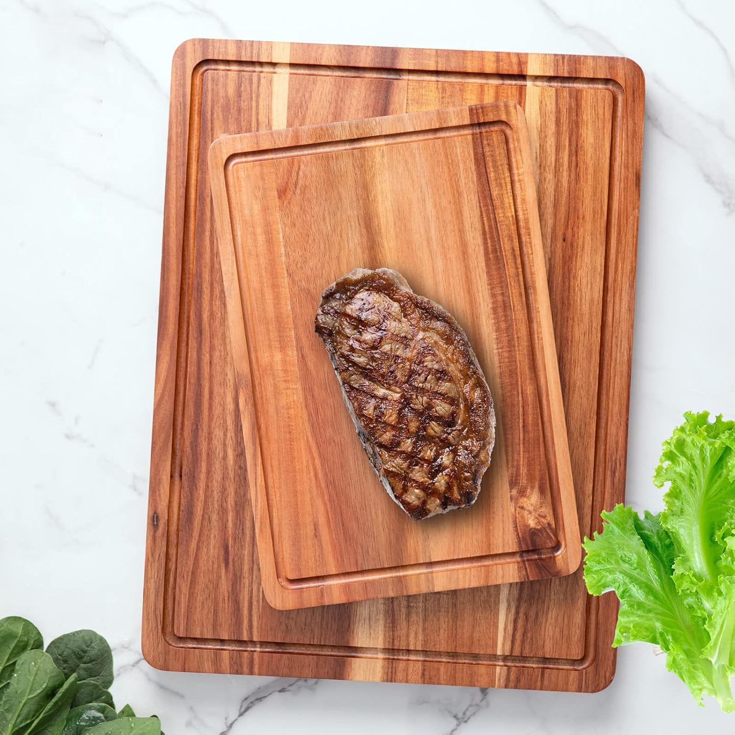 Tabla de cortar de madera de acacia prémium para cocina, con ranura para jugo y asas prácticas (mediana 15 pulgadas de largo x 10 pulgadas de ancho