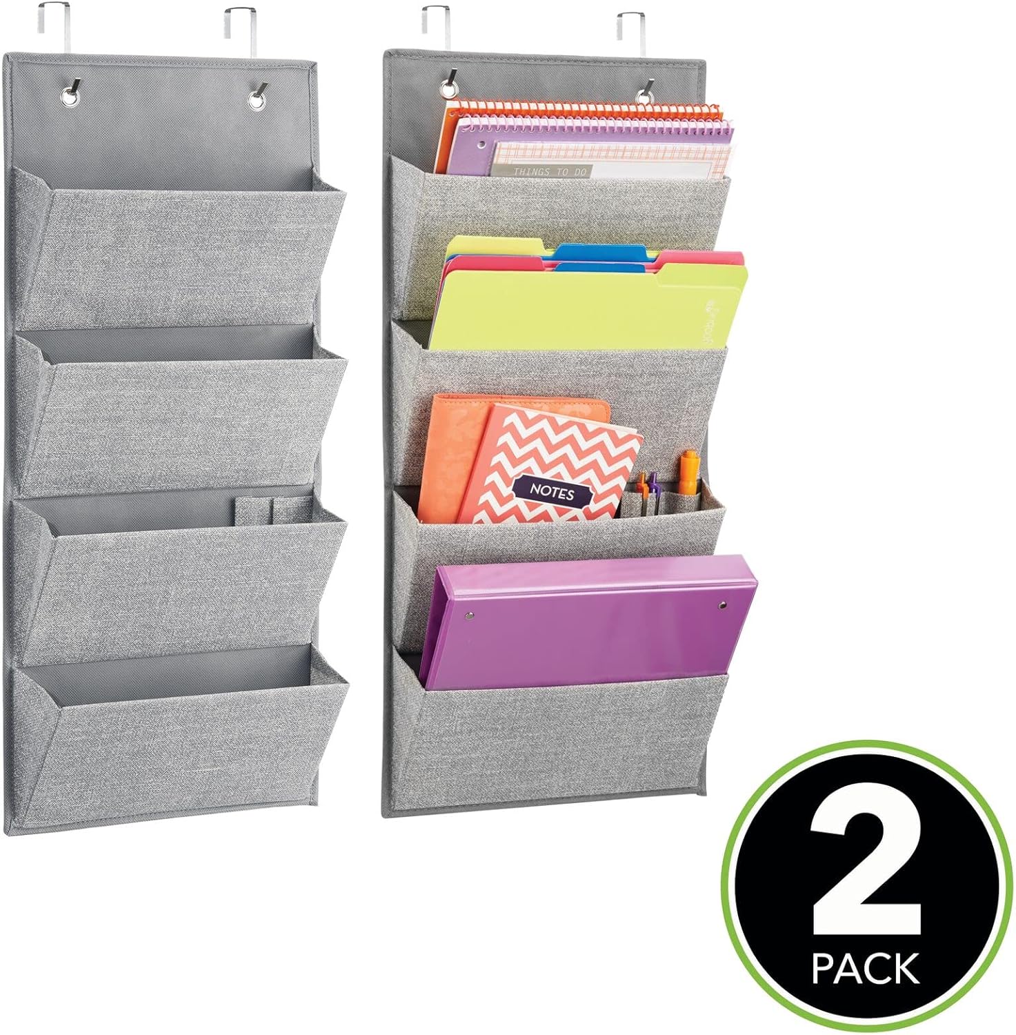 mDesign Organizador de almacenamiento para colgar en la pared de tela suave, 4 bolsillos grandes en cascada, para suministros de oficina,