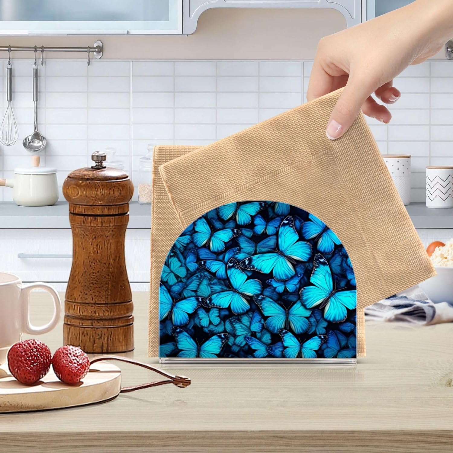 Napkin Holder Blue Butterflies Napkin Holders for Tables, Clear Acrylic Napkin Holders Cocktail Napkin Holder for Kitchen Restaurant Bar Home Decor