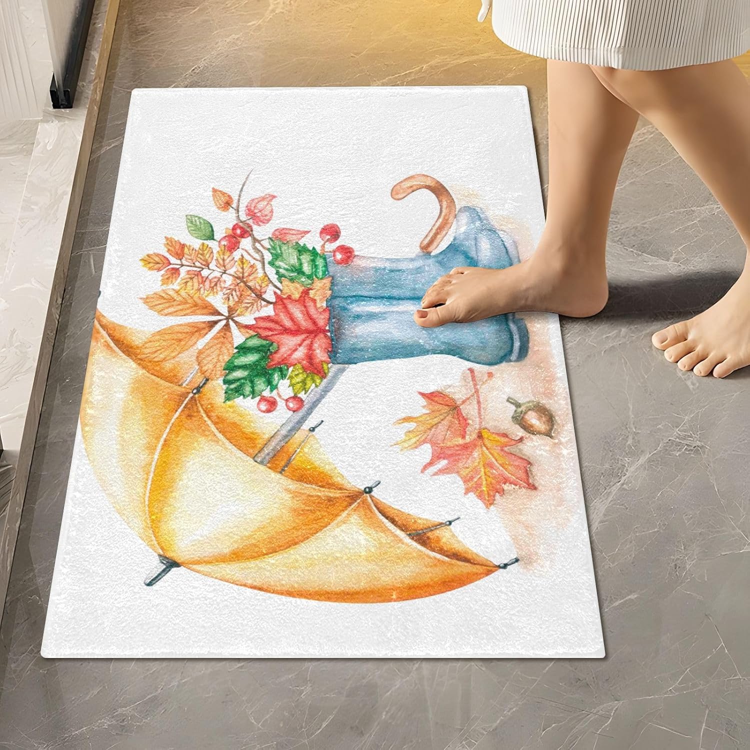 Bathroom Rugs Sets 2 Piece 24×16+24×20 Inch,Soft U-Shaped Contour Toilet Rug Umbrella Boots Maple Leaves Non-Slip Absorbent Bath Floor Mat Carpet