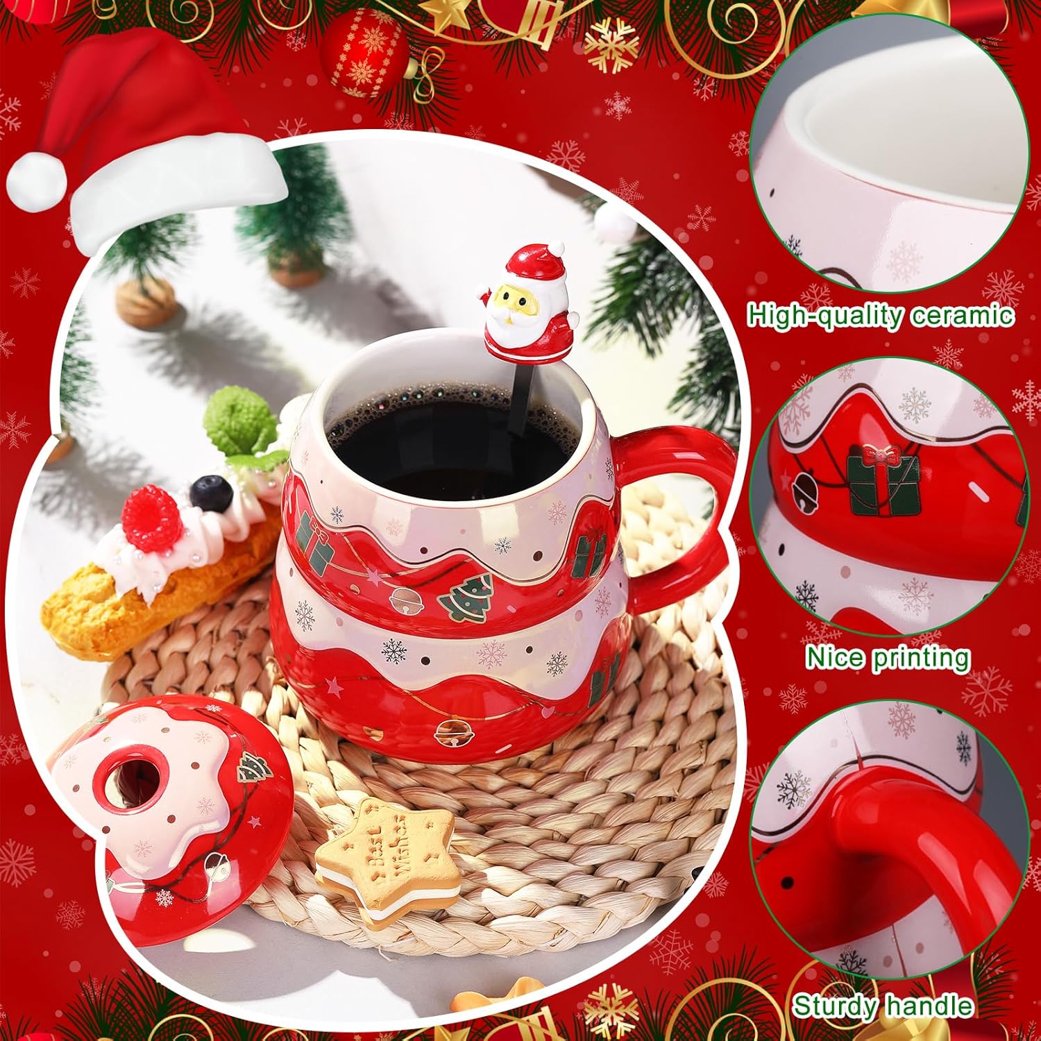 Tazas de Navidad con cuchara y tapa, tazas de cerámica festivas aptas para microondas y lavavajillas, taza de 15 onzas, taza de invierno novedosa