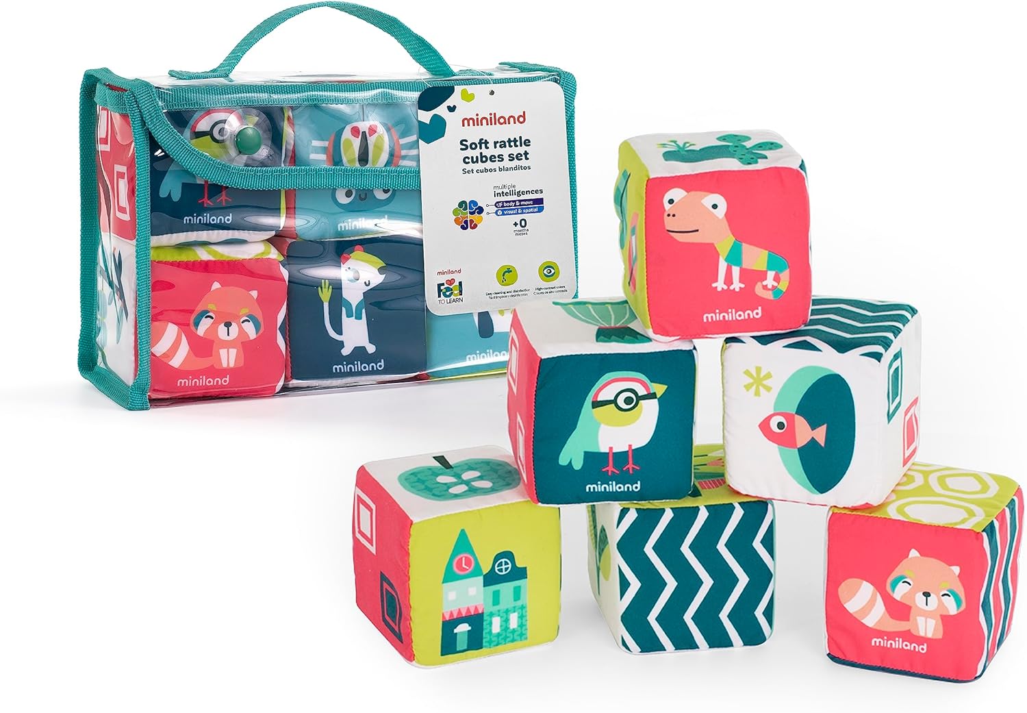 Miniland Feel to Learn – Juego de cubos de sonajero suaves para niños, bebés, apilables, suaves, multicolor