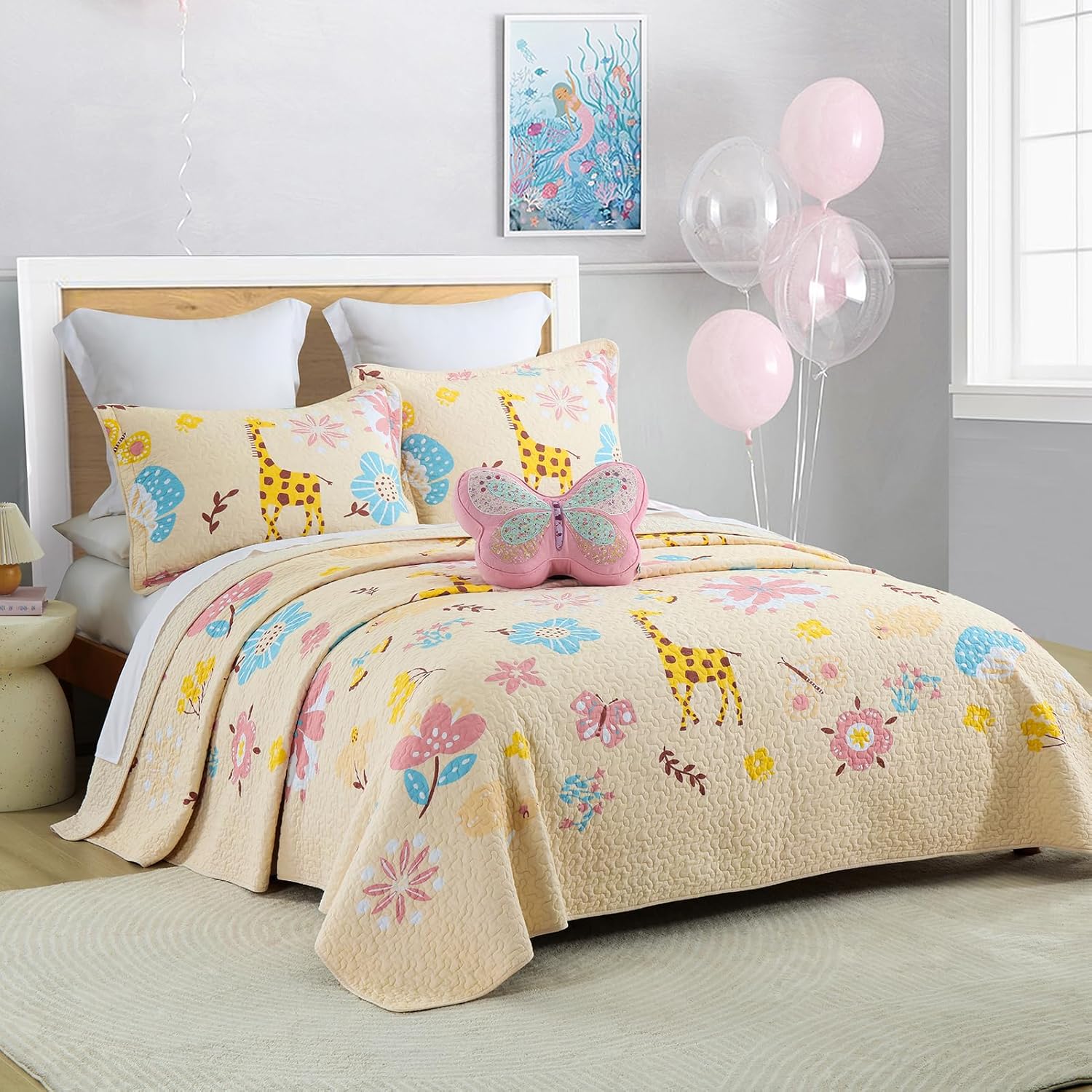 PERHOM Juego de ropa de cama suave reversible 100% algodón suave con diseño de mariposas y mariposas, color crudo y rosa (Queen, 3 piezas 1 edredón