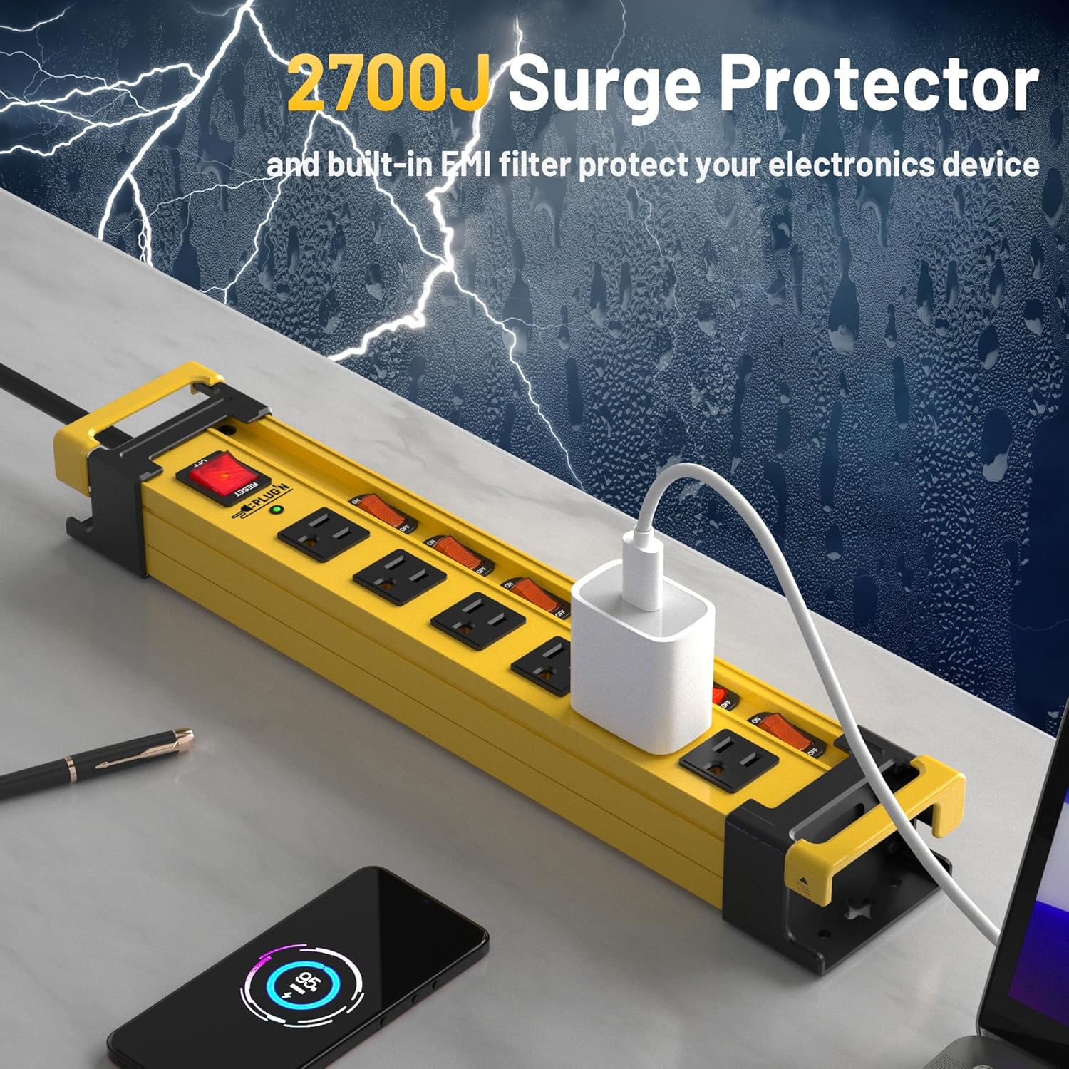Regleta protectora contra sobretensiones 2700J con interruptores individuales y enchufe plano, regletas de alimentación de metal resistente de 6