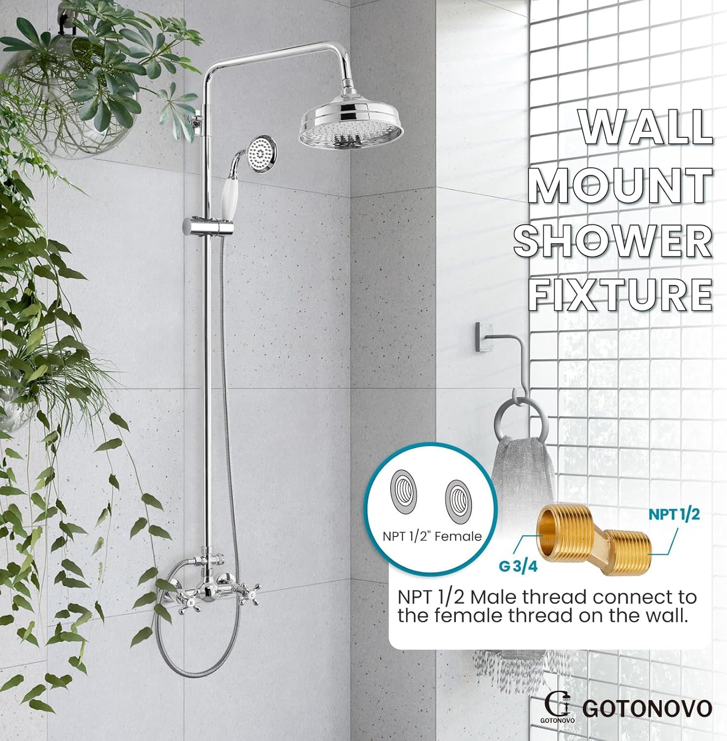 gotonovo Juego de grifo de ducha expuesto para baño con asas cruzadas, montaje en pared, cabezal de ducha de lluvia de 8 pulgadas, accesorio de