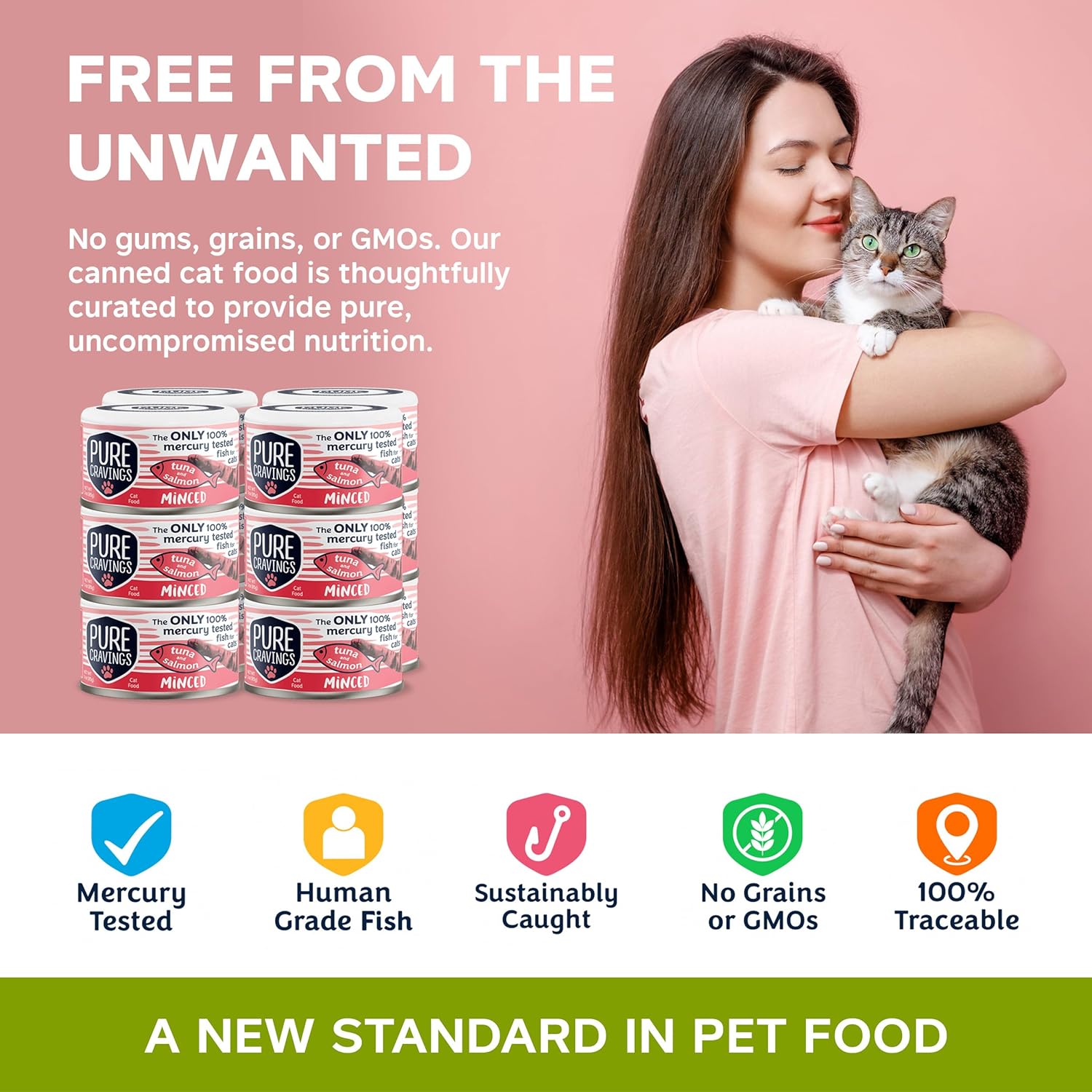 Alimento enlatado húmedo de atún y salmón picado para gatos, 100% probado con mercurio, lata húmeda para gatos, sin granos, proteínas, sin OMG, 3