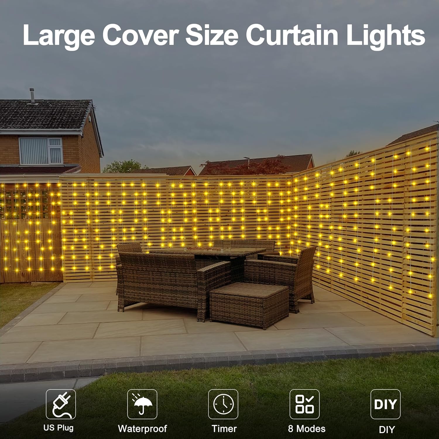 500 luces LED para cortina, 33 x 3 pies, impermeable, para colgar en la ventana, con temporizador remoto, para exteriores, dormitorio, fiesta,