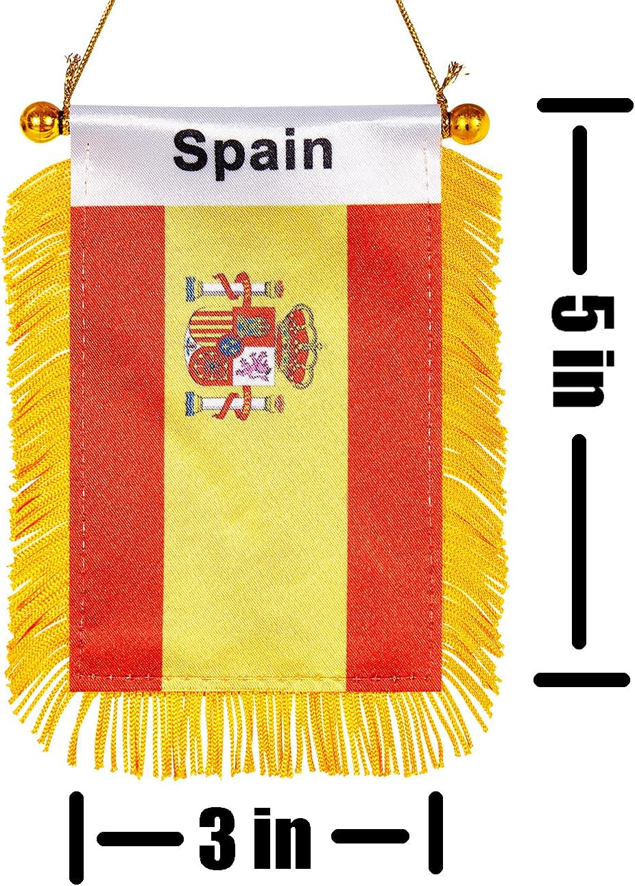 ZXvZYT Bandera de España colgante de ventana de 3 x 5 pulgadas, mini banderas españolas para automóvil, decoración de espejo retrovisor, con ventosa