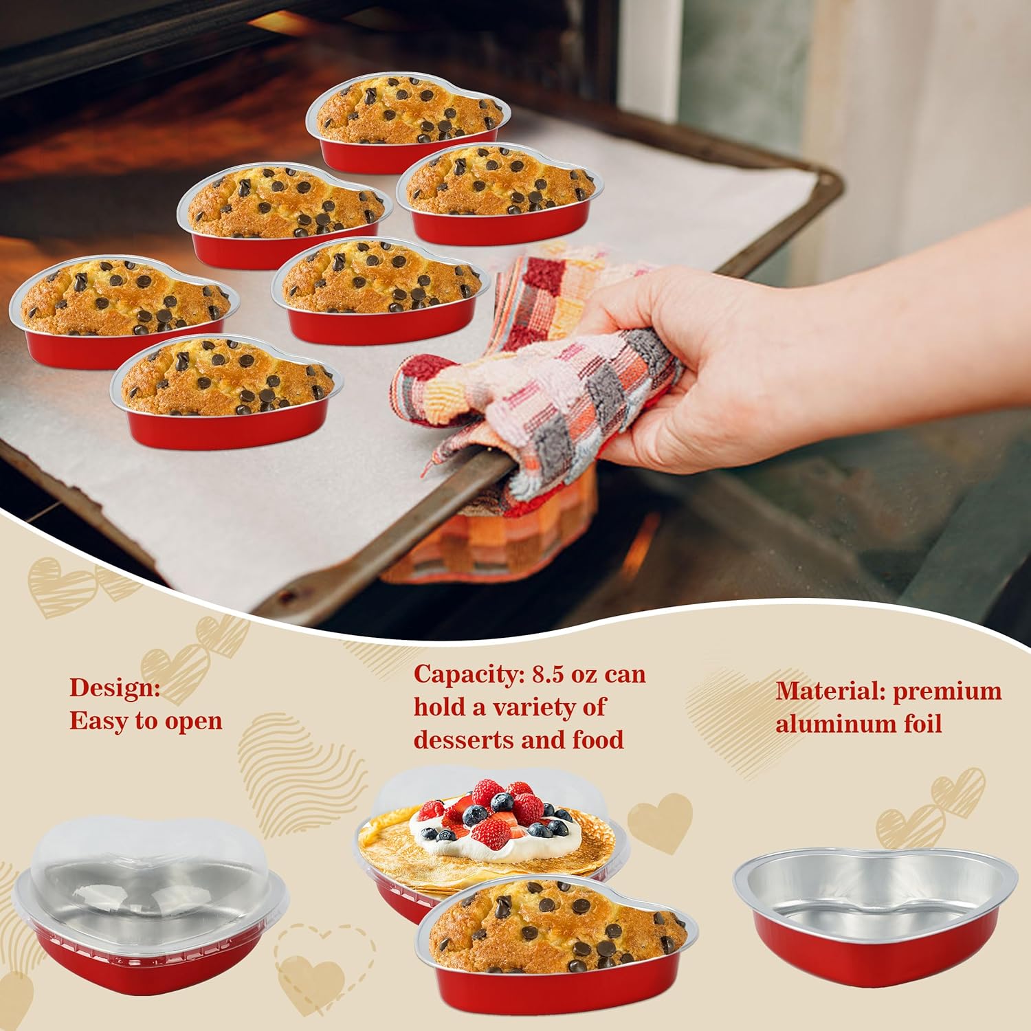 Sartenes de aluminio con tapa de corazón, 30 forros para cupcakes de 8.5 onzas con tapas, tazas desechables de papel de aluminio para pasteles con