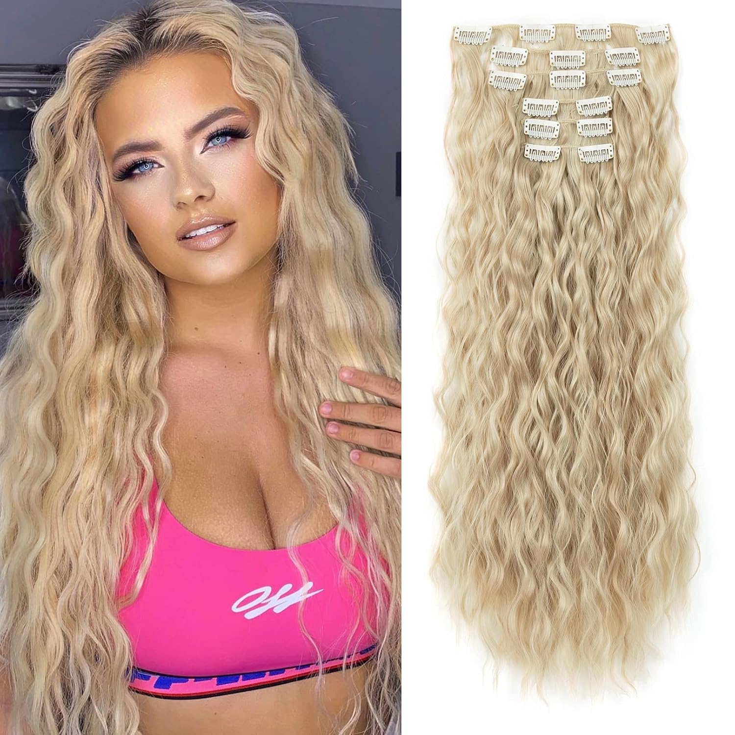 LONAI Extensiones de cabello con clip, 6 unidades, rizado de 24 pulgadas de largo, sintético, postizo para mujer, rubio ceniza natural
