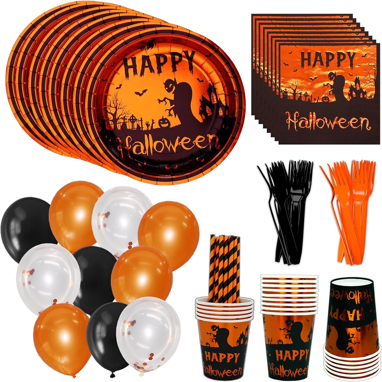 Suministros para fiestas de Halloween sirven 24 platos desechables para fiestas, platos desechables de Halloween, vasos de papel, servilletas de