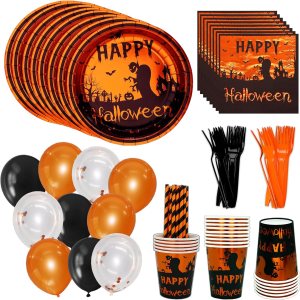 Suministros para fiestas de Halloween sirven 24 platos desechables para fiestas, platos desechables de Halloween, vasos de papel, servilletas de Suministros para fiestas de Halloween sirven 24 platos desechables para fiestas, platos desechables de Halloween, vasos de papel, servilletas de