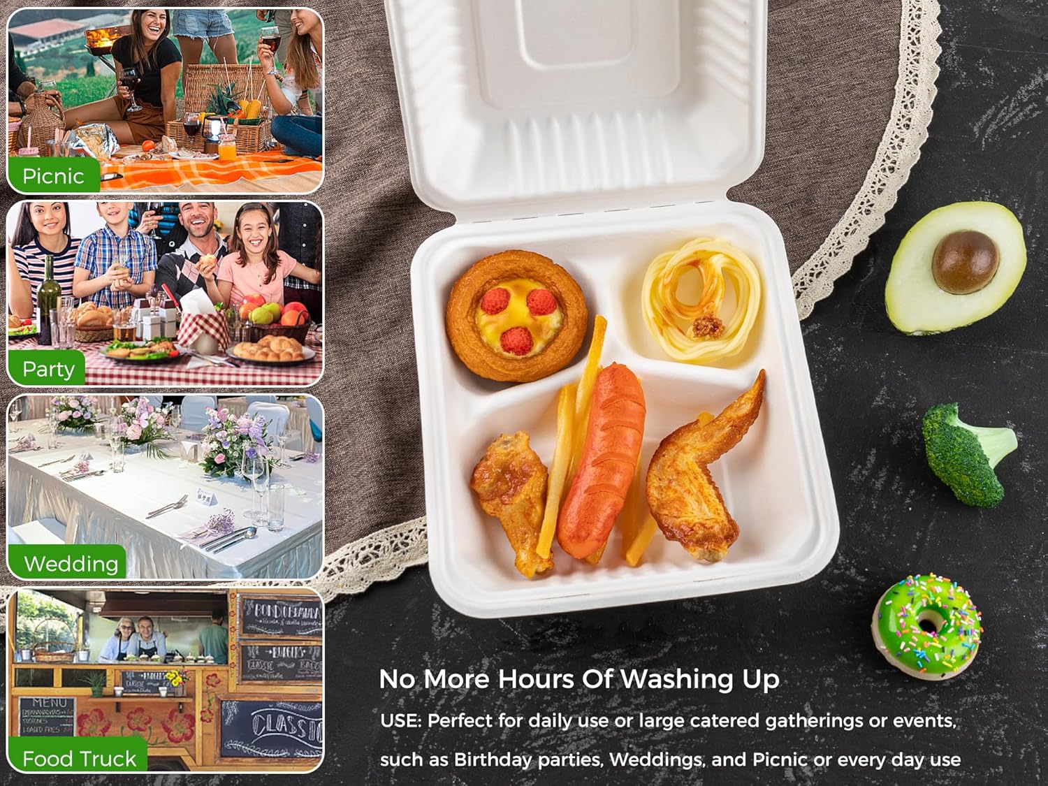AUEAR, 8 pulgadas, 3 compartimentos paquete de 100, contenedores de alimentos compostables para llevar, cajas para alimentos, contenedor de