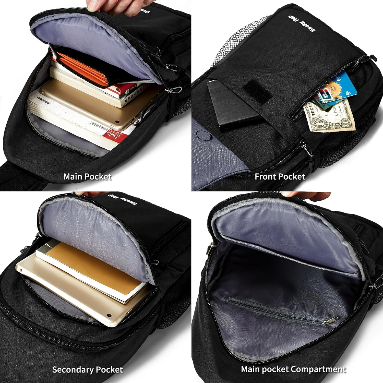 Seoky Rop Mochila tipo bandolera para hombres y mujeres, resistente al agua, bolsa cruzada para senderismo y viajes, Negro -, Mochilas Sling