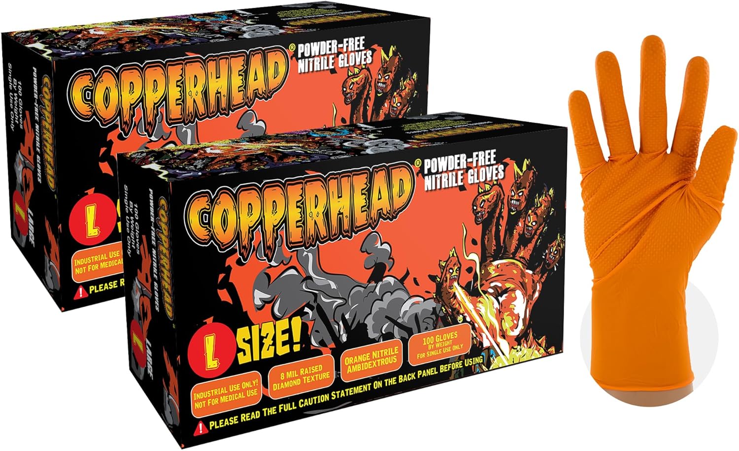 Copperhead Guantes desechables de nitrilo naranja HD, 8 mil, sin látex ni polvo, industriales, seguros para alimentos, textura de diamante elevado