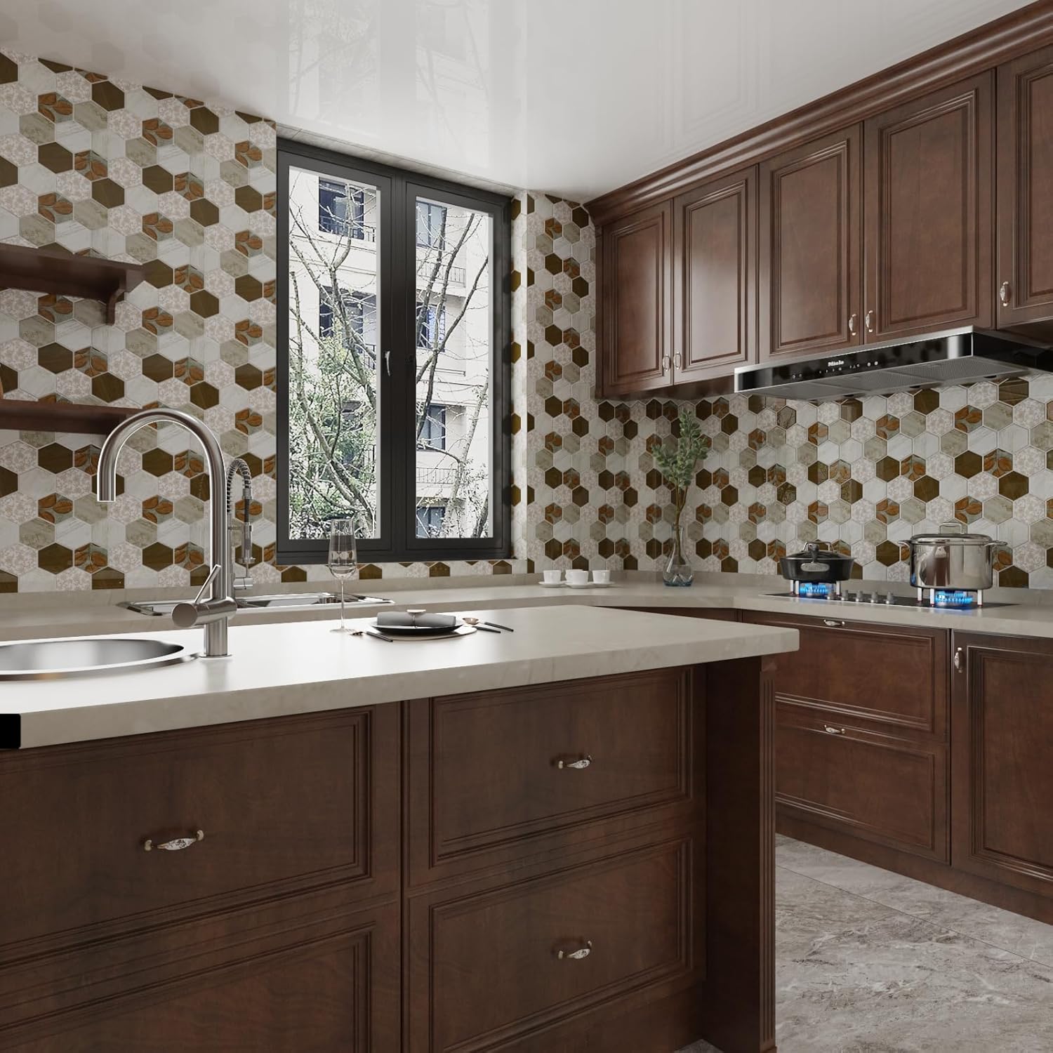 VaryStyle 18 hojas de azulejos hexagonales para salpicaduras de cocina, 12 x 12 pulgadas, azulejos de pared 3D bohemios florales 3D, removibles,