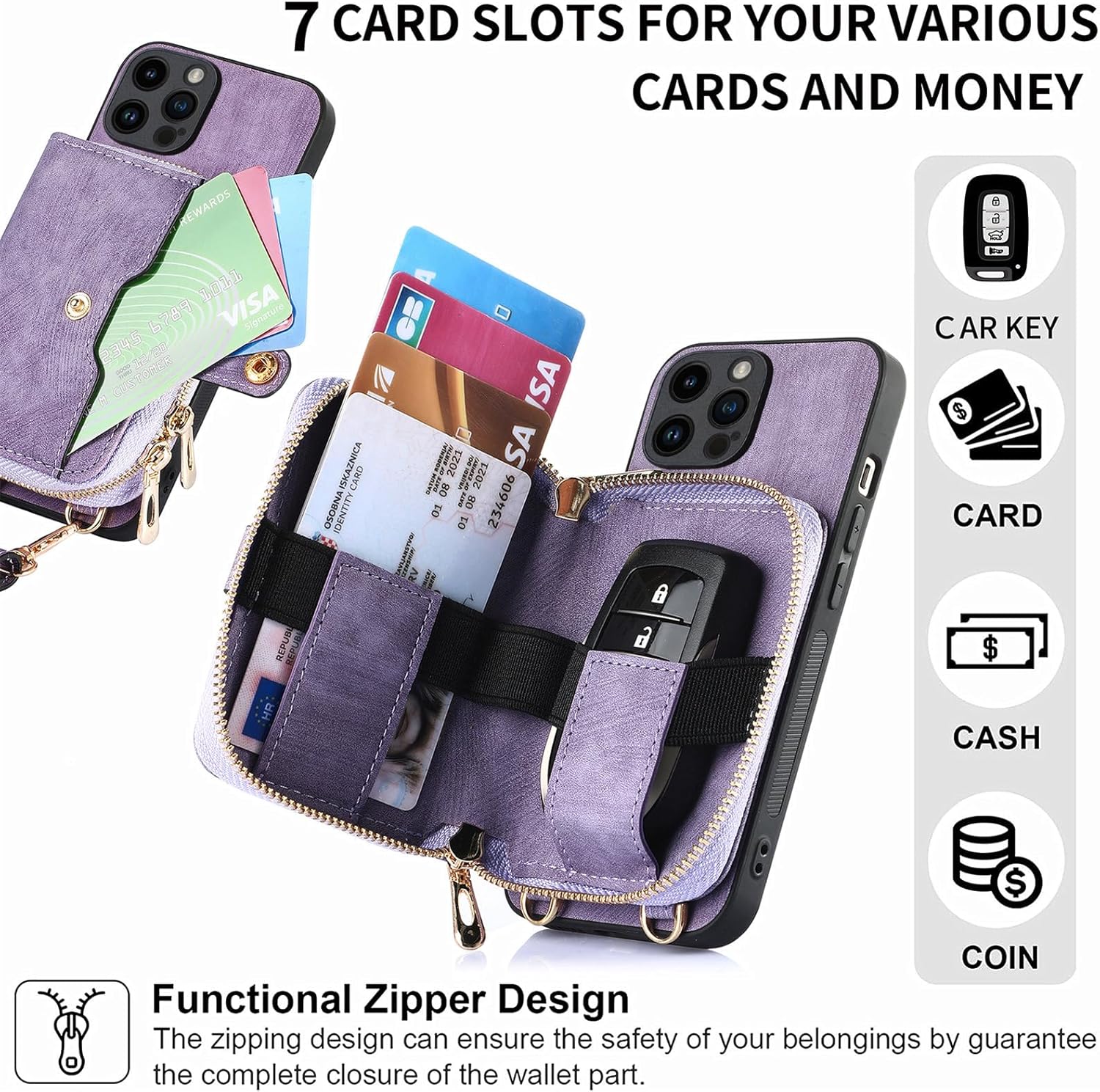 Asuwish Funda de teléfono para iPhone 14 Pro Max de 6.7 pulgadas con cremallera, con ranura para tarjeta de crédito, correa cruzada de hombro,