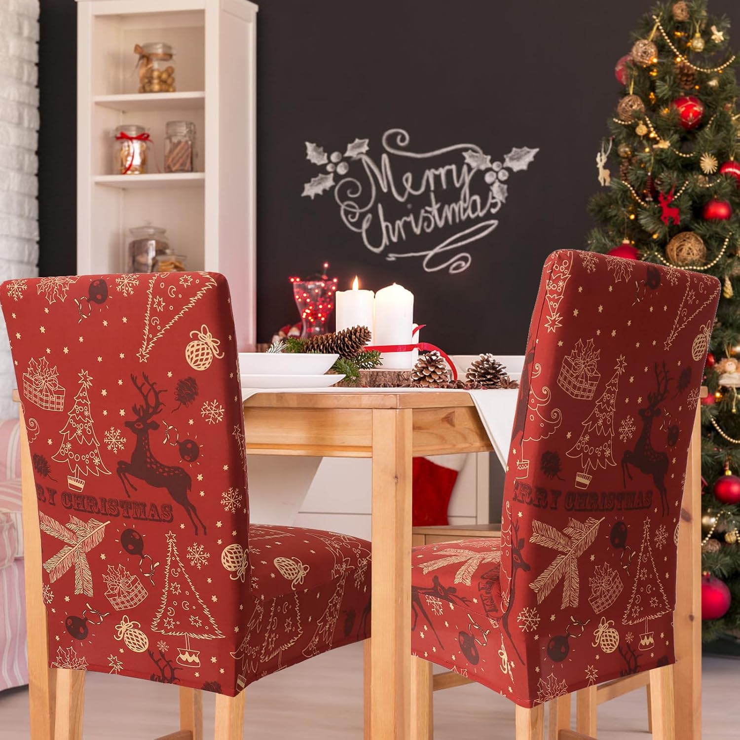 Betylifoy Juego de 4 fundas elásticas extraíbles para sillas de comedor, diseño de árbol de Navidad, alce, fundas para sillas de Navidad, para